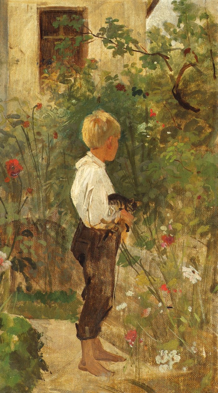 Bahçede kedisi olan çocuk by Joseph Hasslwander