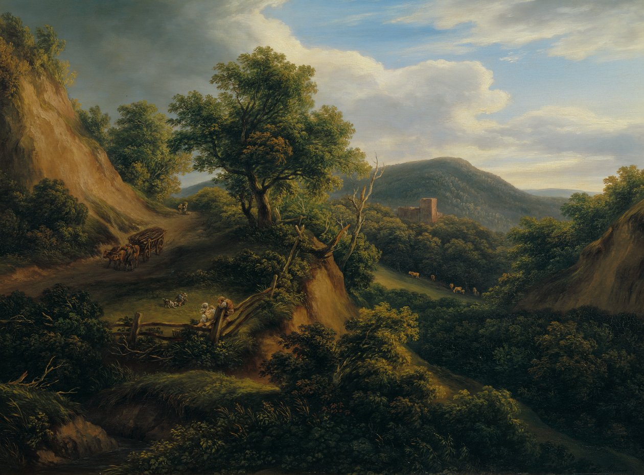 Kalıntıları olan ormanlık dağ manzarası by Joseph Mössmer