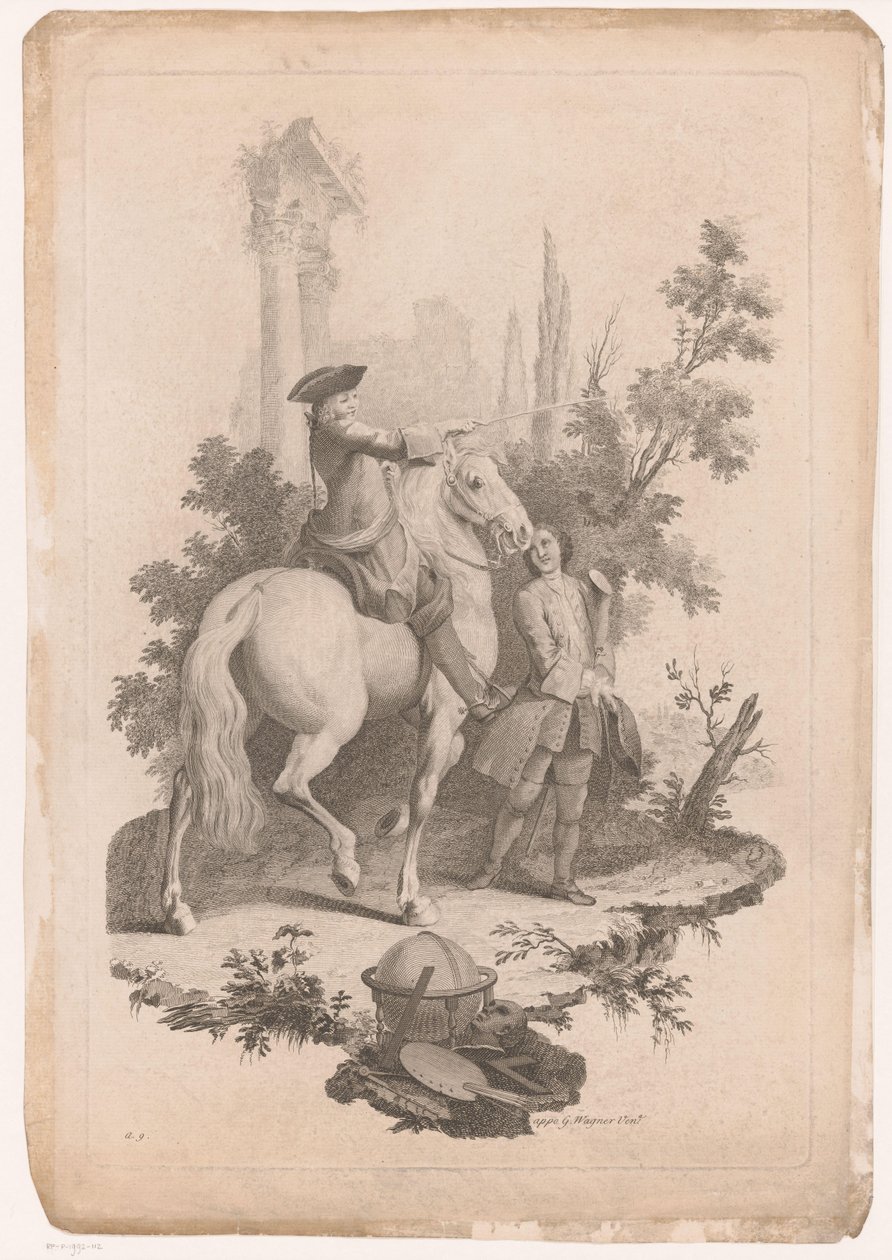 Bir hizmetçi ile at sırtında genç adam by Joseph Wagner