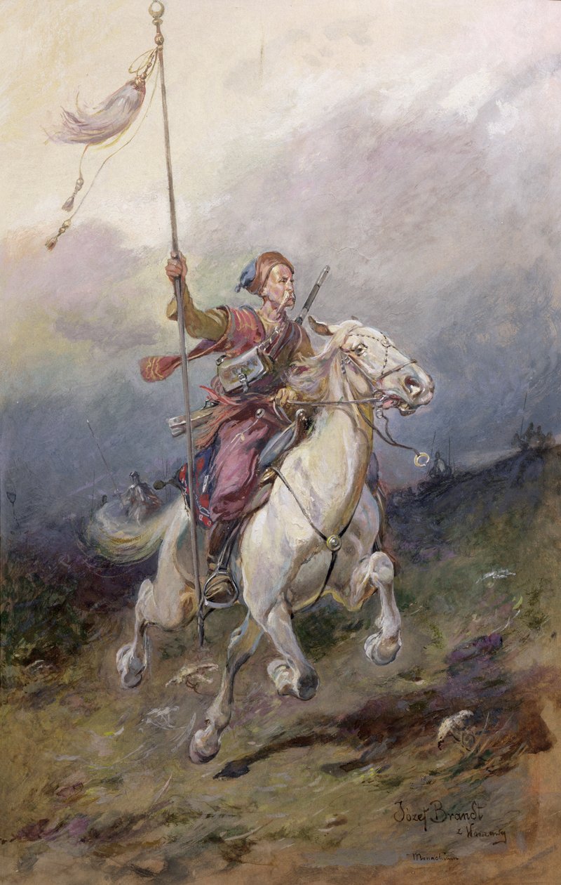 Pathfinder, beyaz bir şarjör üzerinde on yedinci yüzyıl Polonyalı süvari by Jozef Brandt