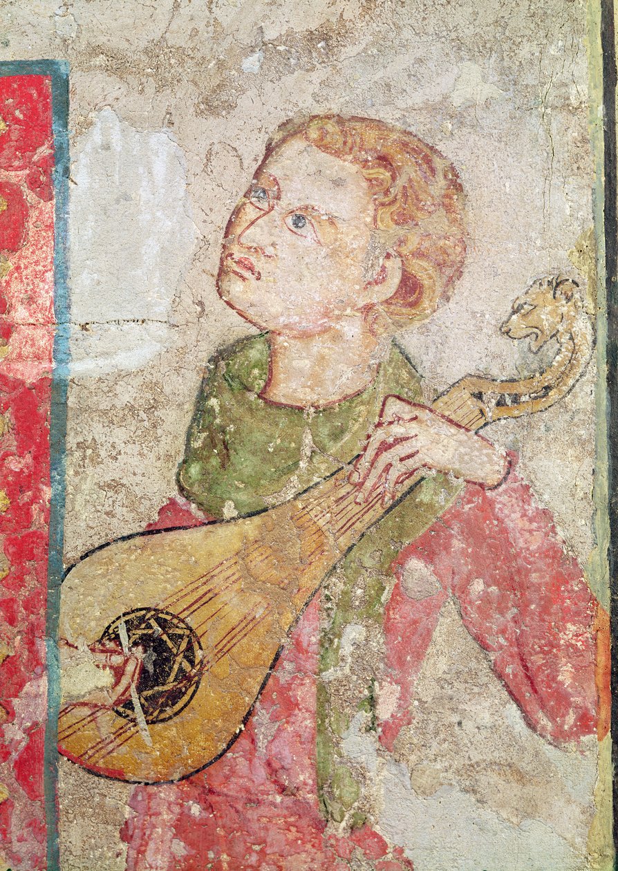 Mezardaki Kadın Azizler ve Diriliş, Mandore Oyuncusu detayı, 1330 by Juan Oliver