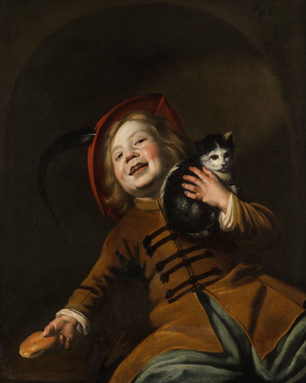 Bir kedi, kırmızı şapka ve bir parça ekmek olan bir çocuğun portresi by Judith Leyster