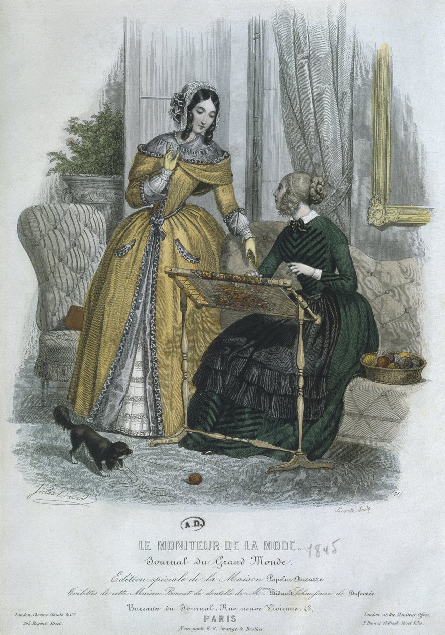Moda levhası, Paris, 'Le Moniteur de la Mode'dan bir çizim, Lecomte tarafından oyulmuş, 1845 (renkli gravür) by Jules David