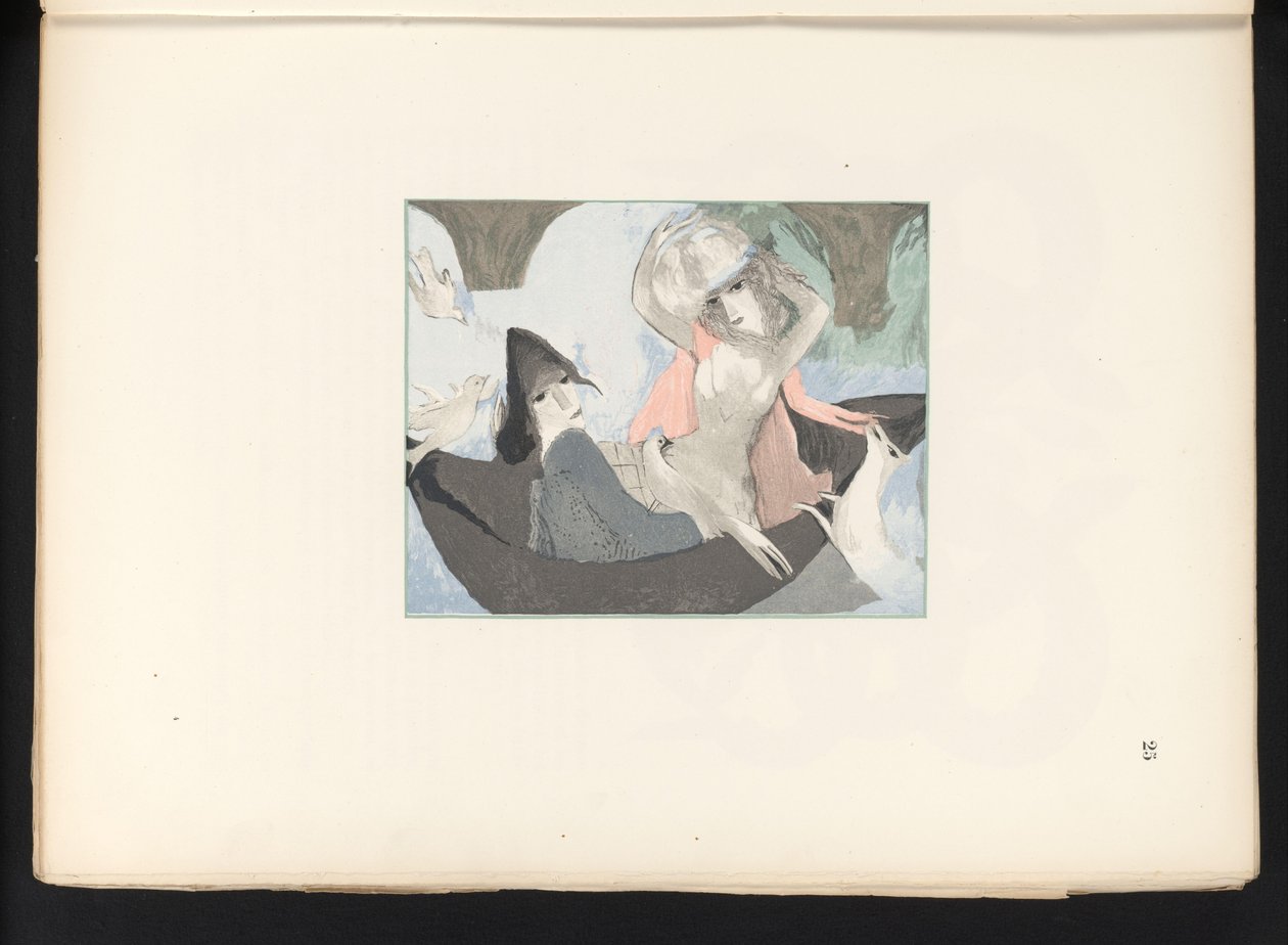 Kuşlar ve bir köpek ile iki kadın figürü by Jules Germain