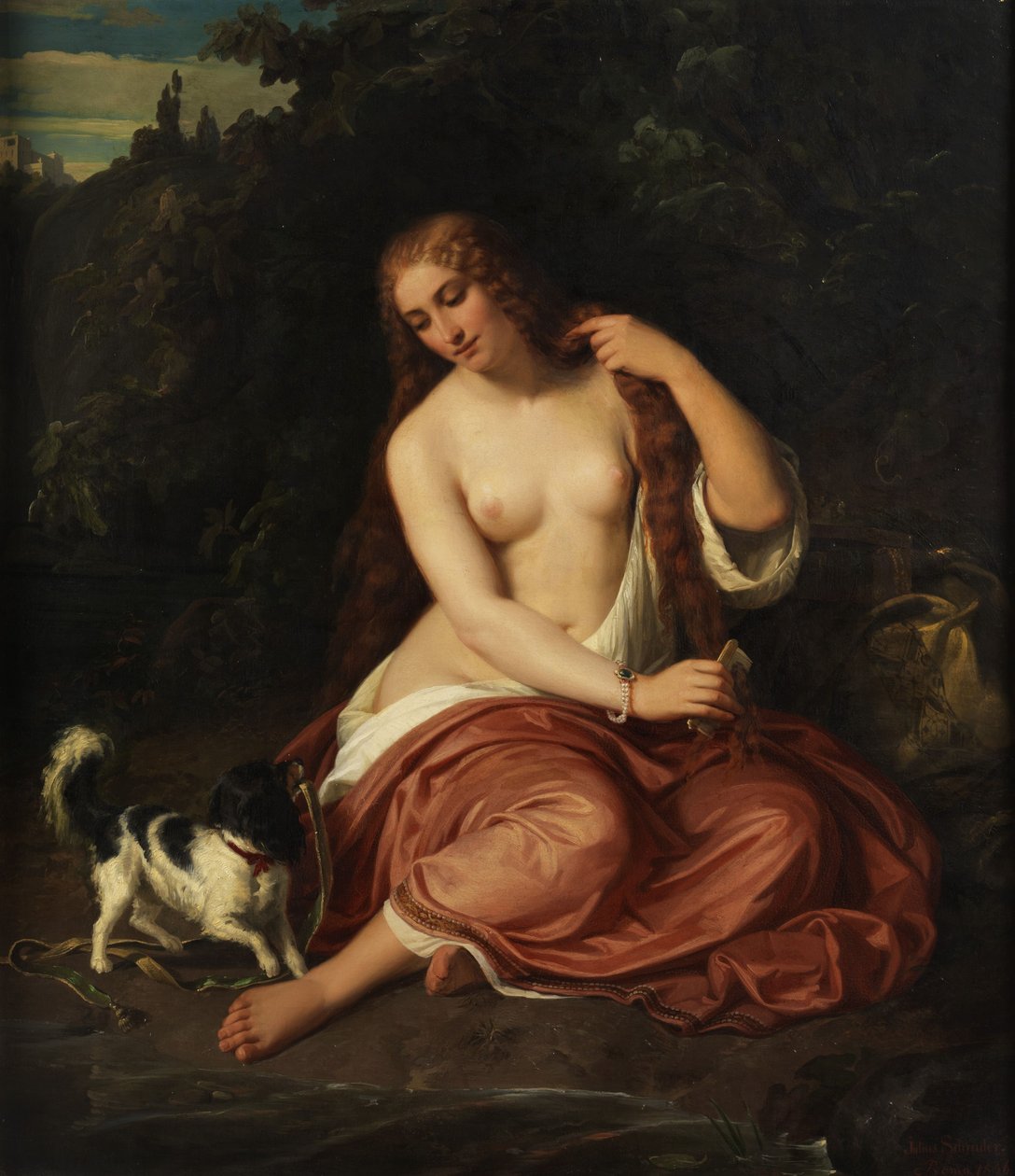 Köpekli genç bir kızın yarısı by Julius Schrader