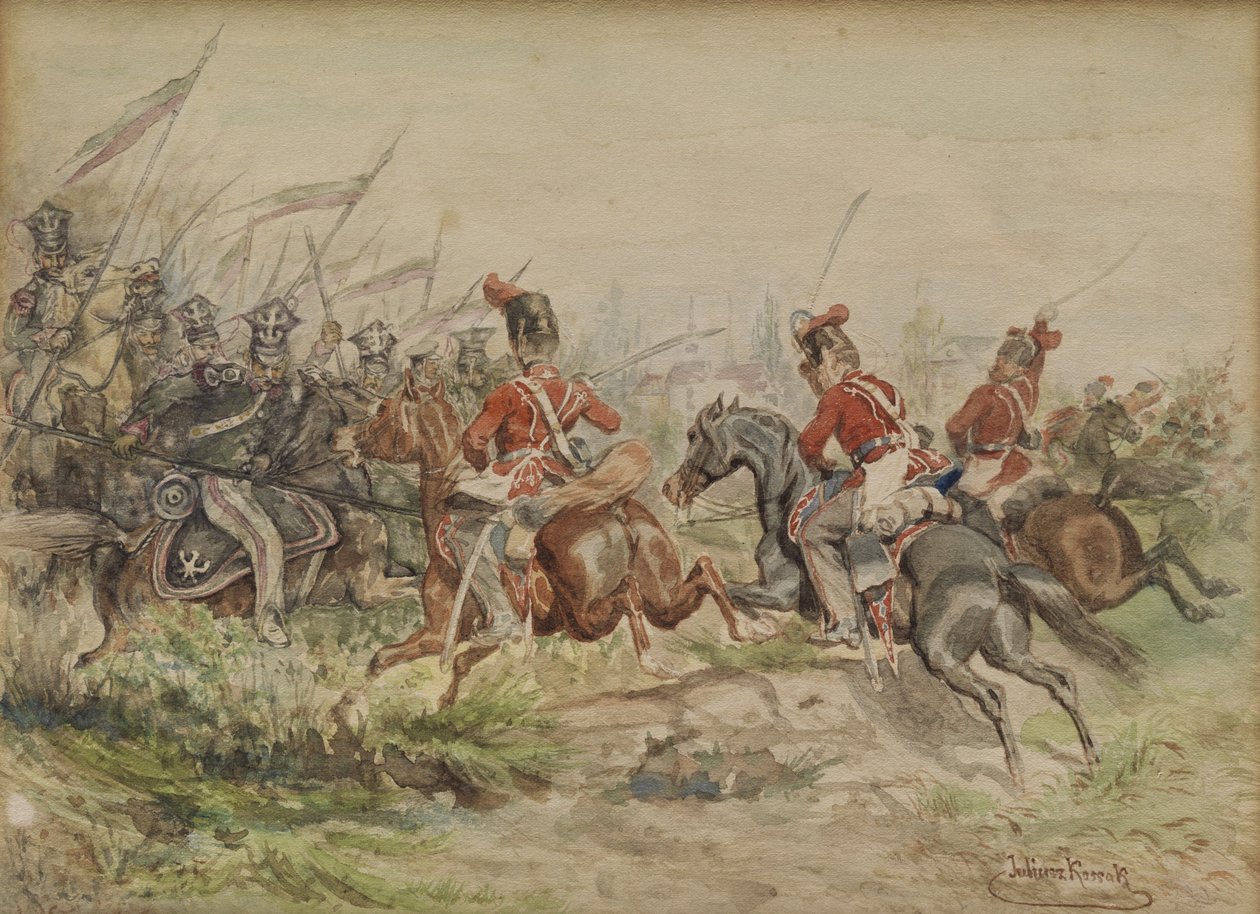Ruslarla savaşan Polonyalı askerler. Suluboya. by Juliusz Fortunat Kossak