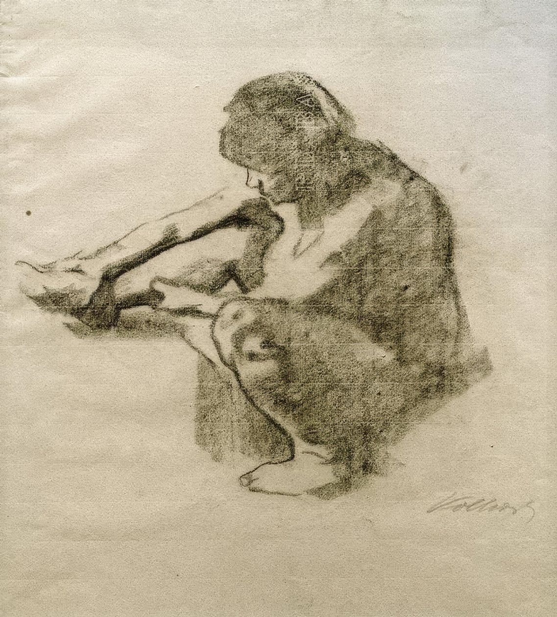 Soldaki profilde oturan kadın by Käthe Kollwitz