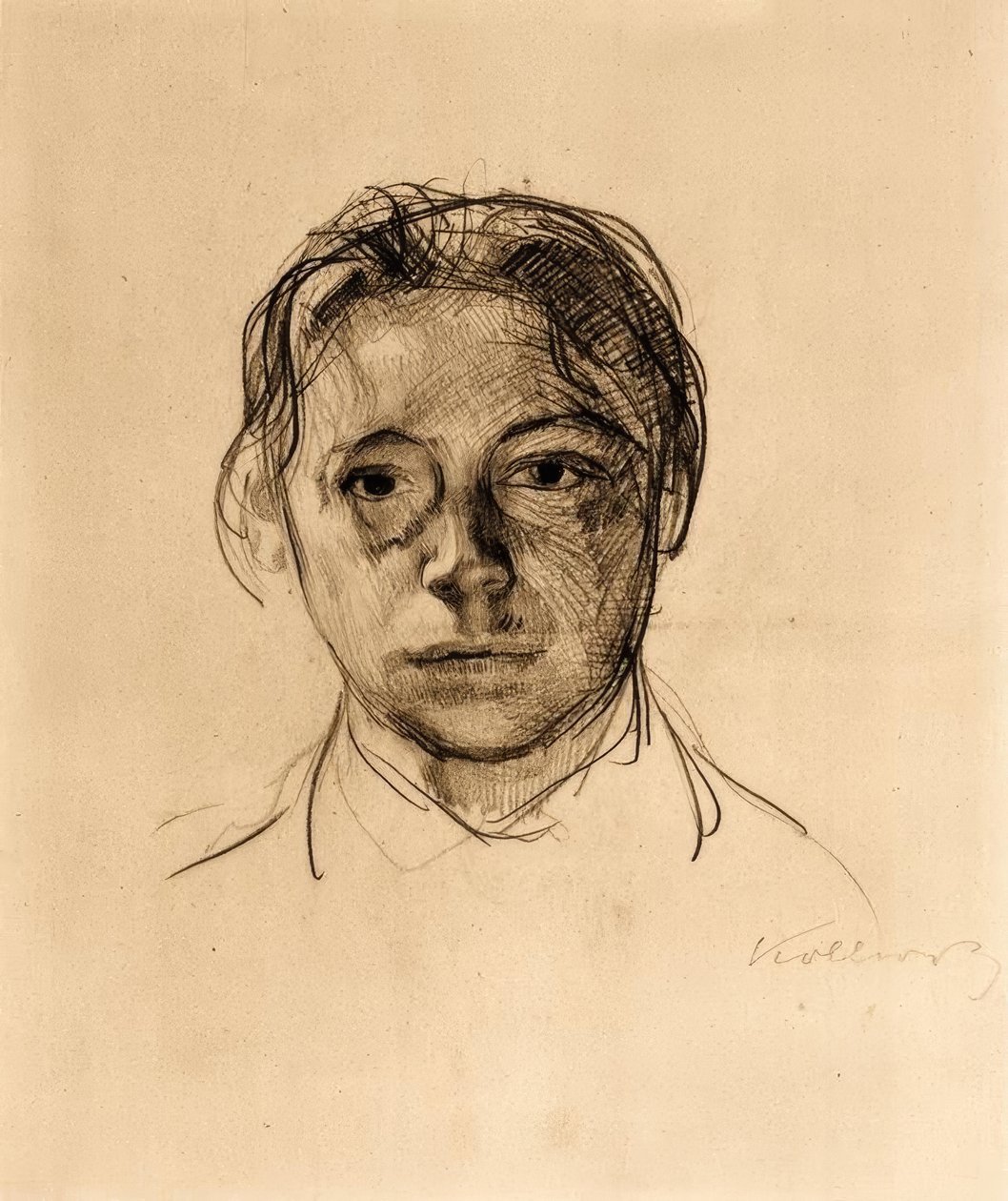 Gevşek saçlı genç otoportre by Käthe Kollwitz