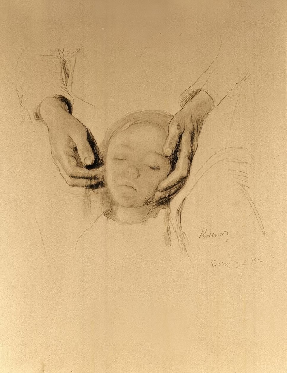 K. Kollwitz, elinde bir çocuğun kafası. by Käthe Kollwitz