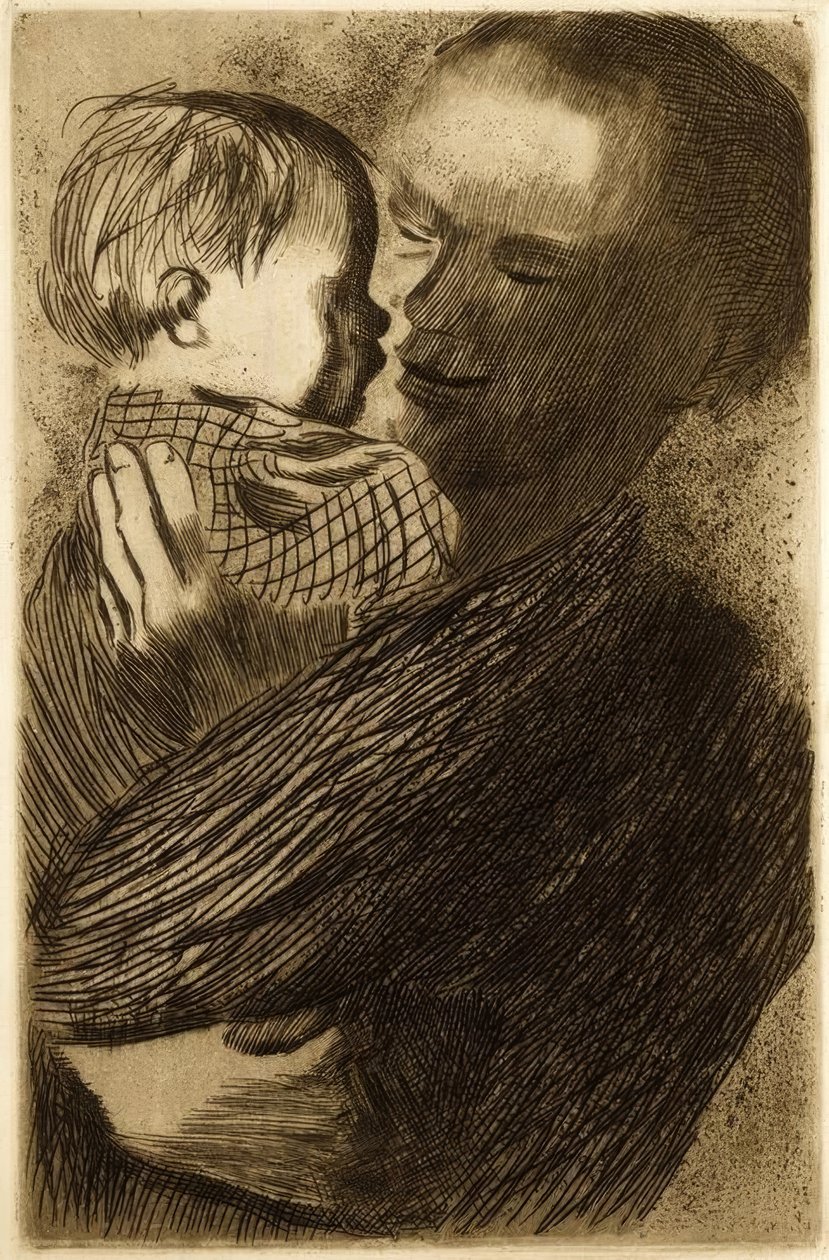 Kucağında çocuğu olan anne by Käthe Kollwitz
