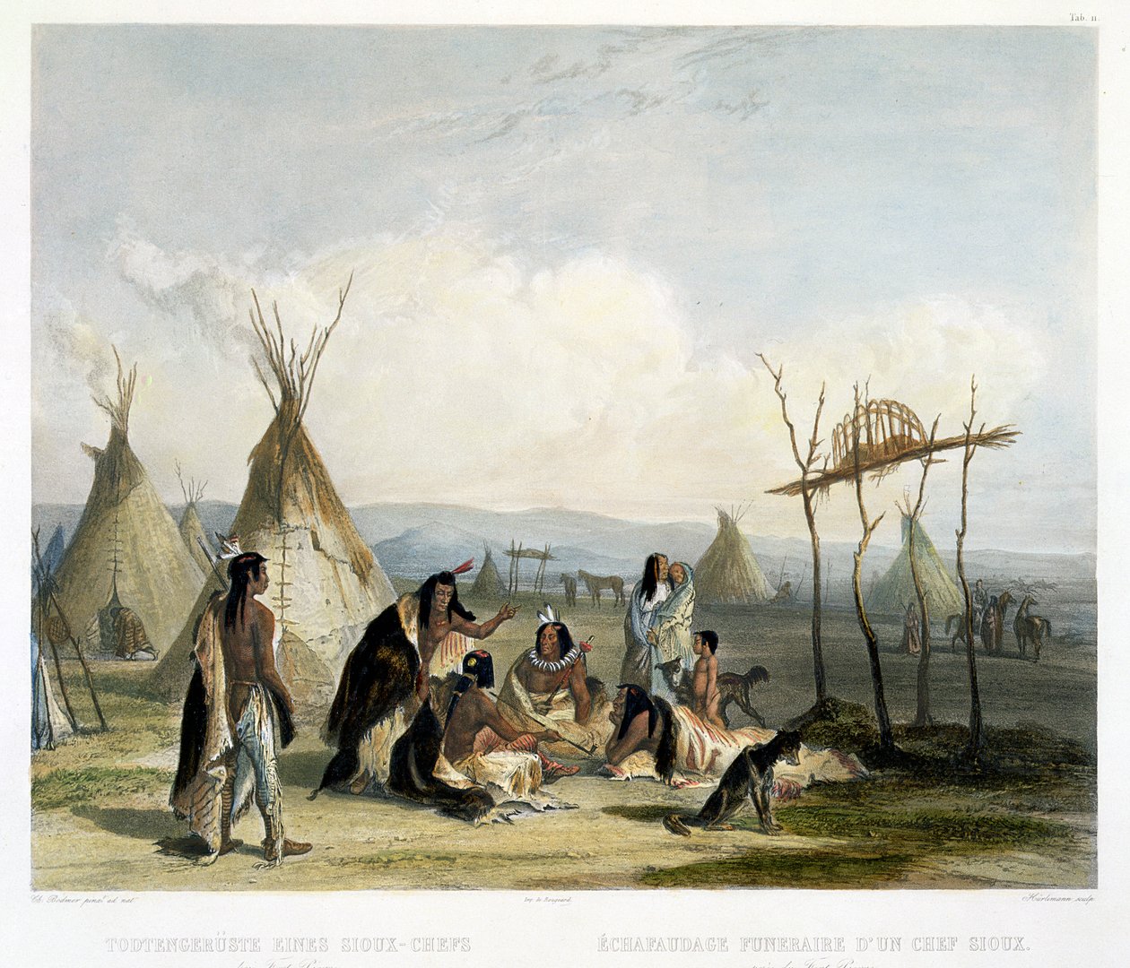 Fort Pierre yakınlarındaki bir Sioux Şefinin Cenaze İskelesi, J. Hurlimann, 1844 (aquatint) tarafından kazınmış 