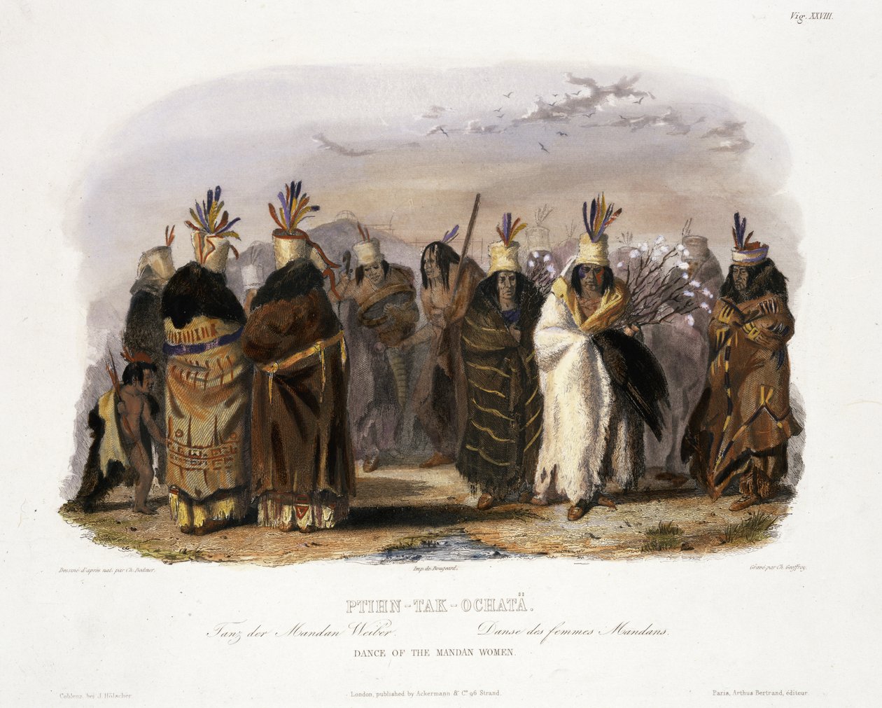 Ptihn-Tak-Ochata, Mandan Kadınlarının Dansı, Charles Geoffroy (1819-82) 1843 (aquatint) tarafından kazınmış 