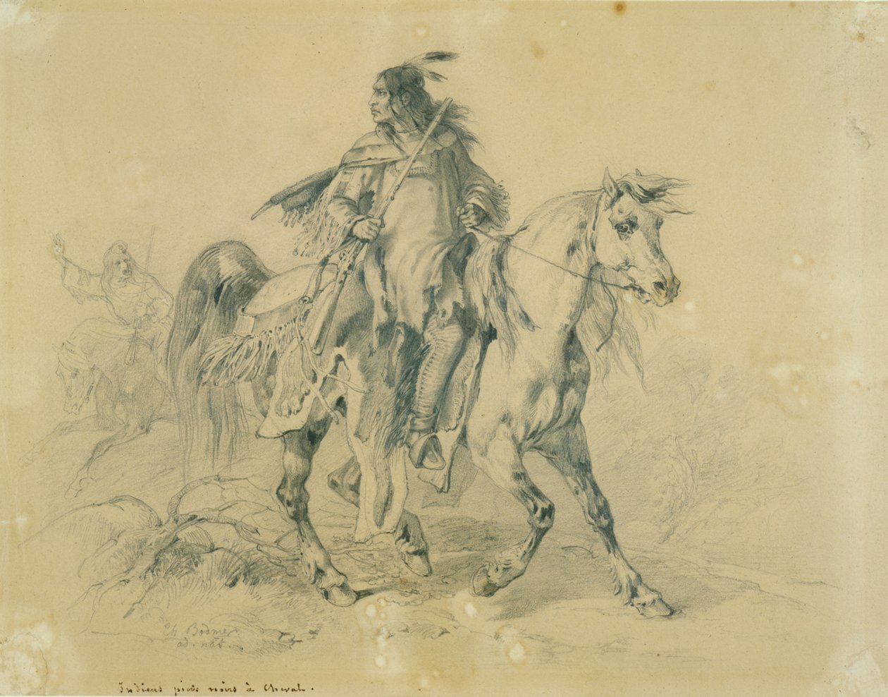 At sırtında siyah ayaklı savaşçı by Karl Bodmer