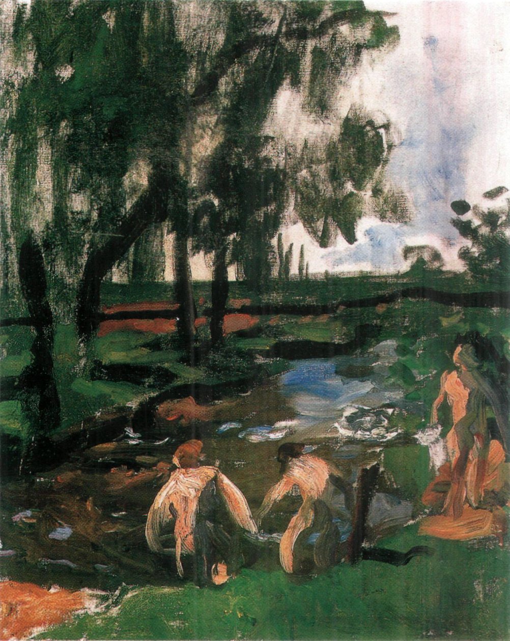 yaz, banyo, çocuklar, kabataslak çizim by Károly Ferenczy