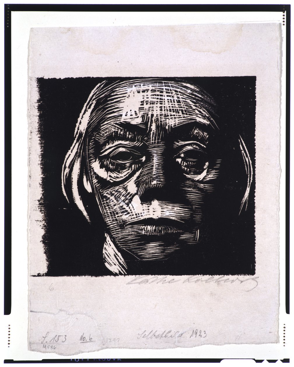 Otoportre, 1923 (ahşap baskı, dokuma kağıt üzerinde dokunmatik prova) by Käthe Kollwitz