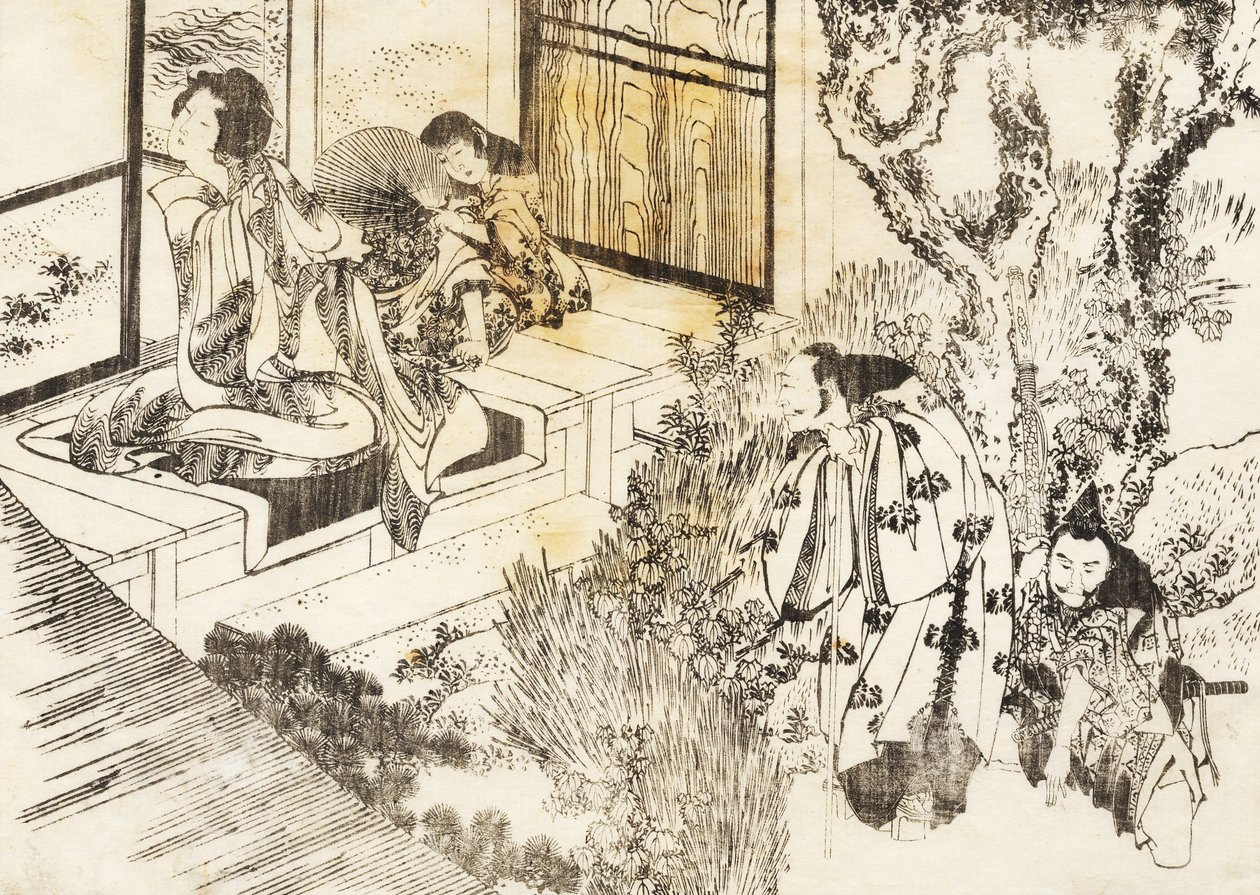 Bir adam güzel bir kadına bakıyor by Katsushika Hokusai