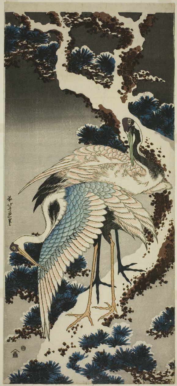 Karla kaplı çam üzerinde vinçler by Katsushika Hokusai