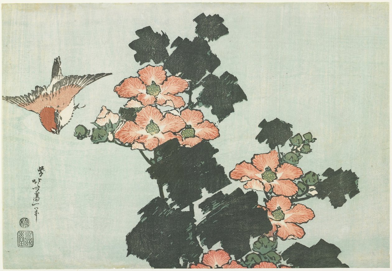 Gül Ebegümeci ve Serçe, c. 1832 by Katsushika Hokusai