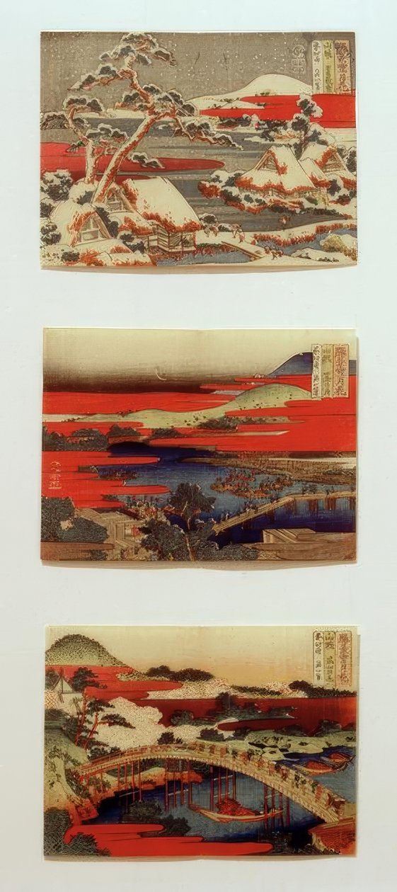 Güzel manzaralarda kar, ay ve çiçekler by Katsushika Hokusai