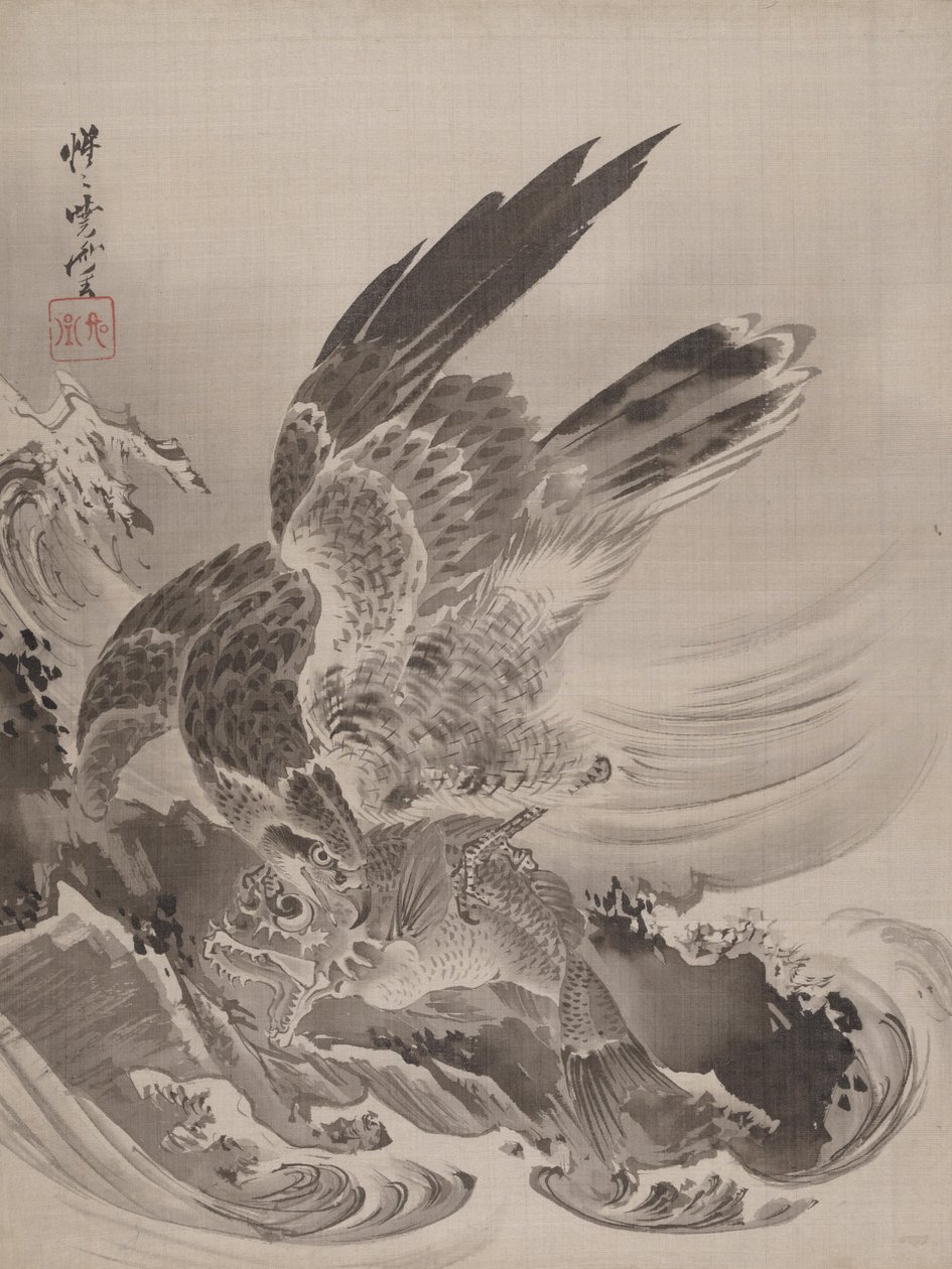 Kartal Saldıran Balık, ca. 1887. by Kawanabe Kyosai