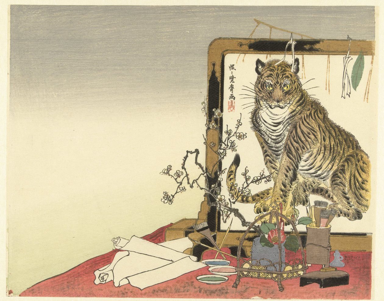 Boyama aletleri ve katlanır ekran ile natürmort by Kawanabe Kyosai