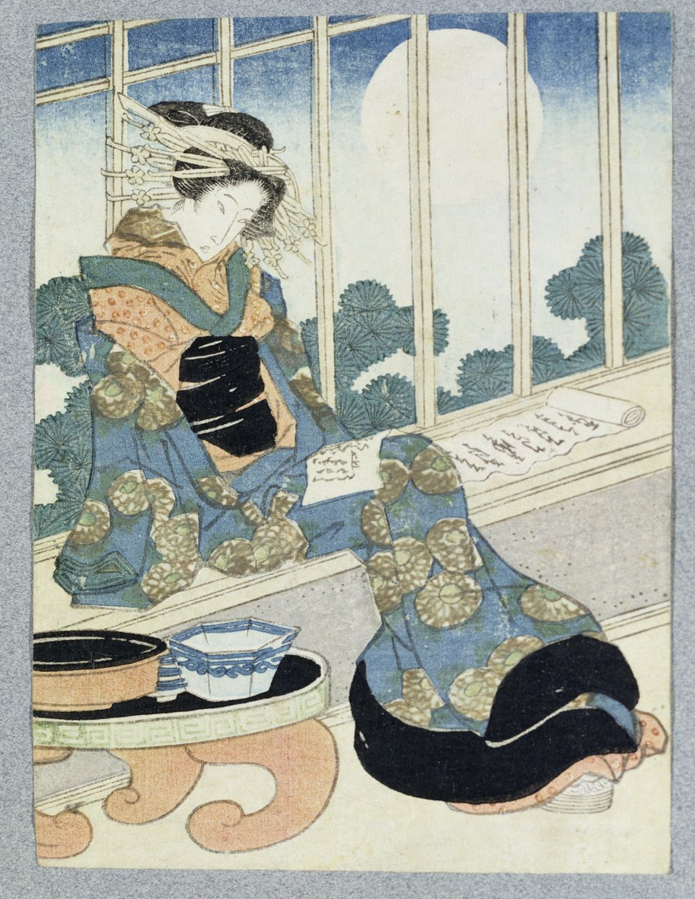 Japon Kadın Ay Işığından Okuma (tahta baskı) by Keisai Yeisen