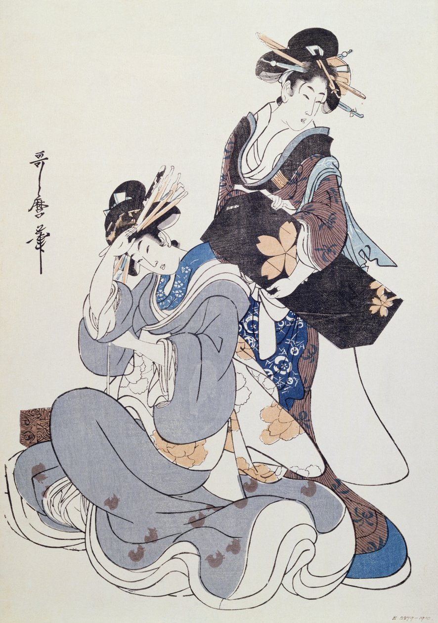 İki Kadın Figürü (renkli tahta baskı, 10. blok) by Kitagawa Utamaro