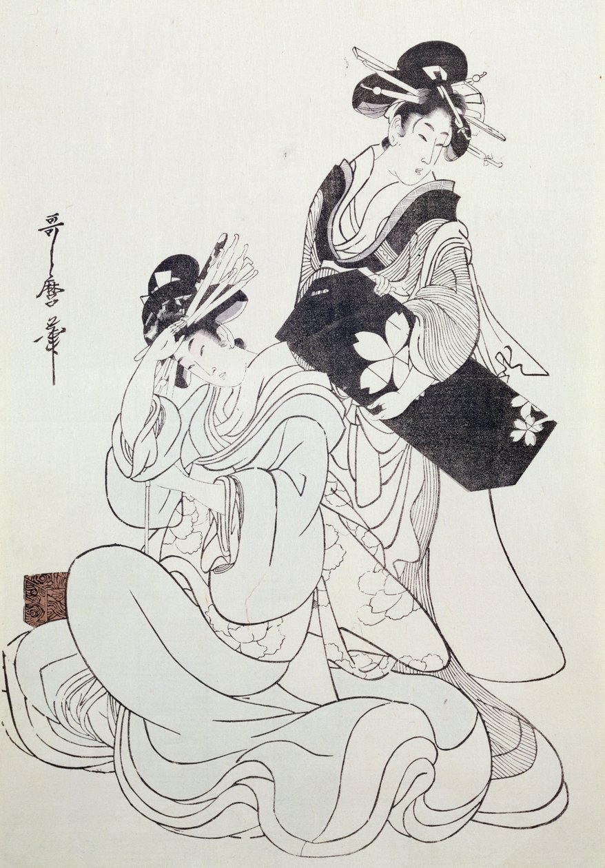 İki Kadın Figürü (renkli tahta baskı, 4. blok) by Kitagawa Utamaro