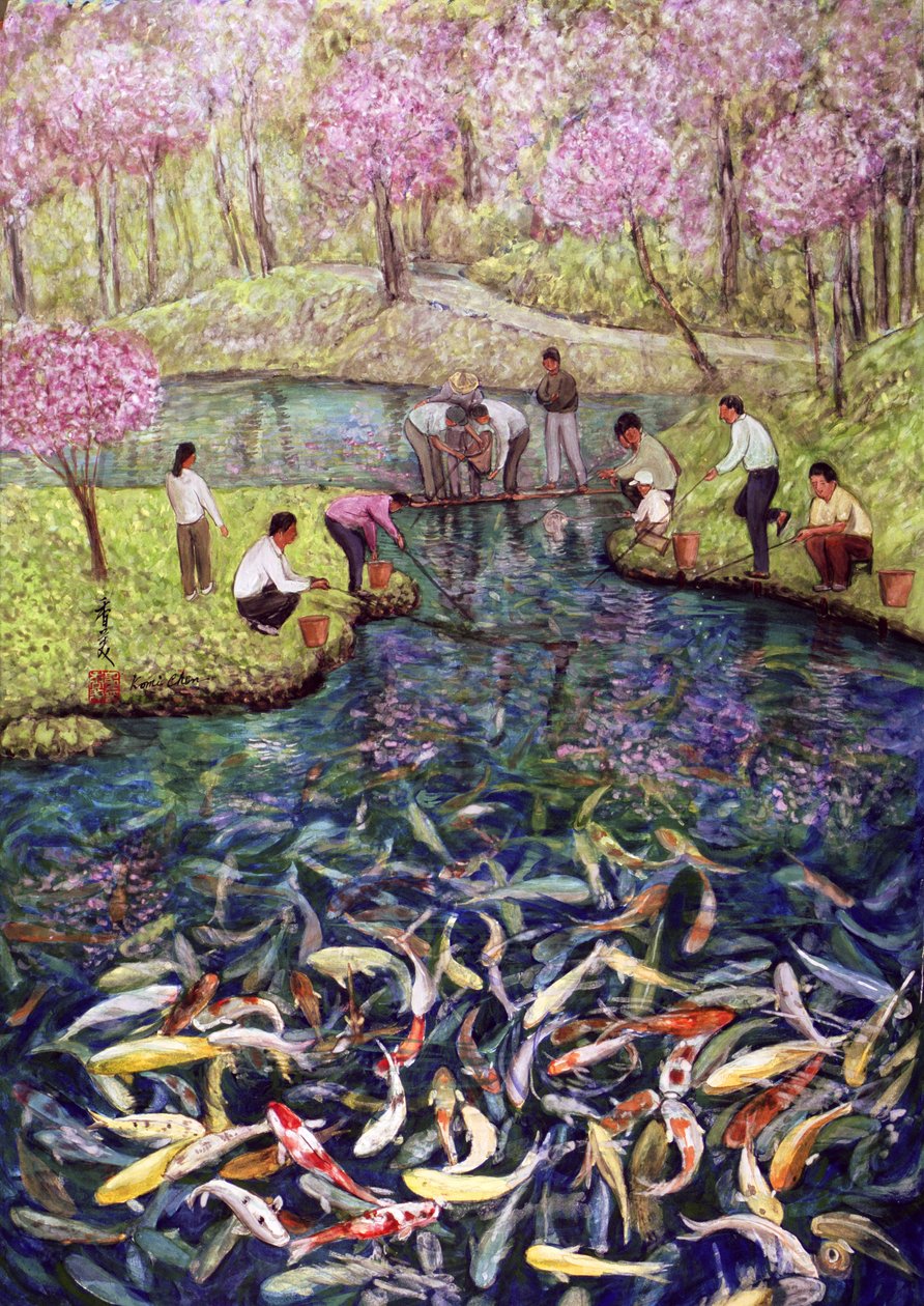 Balıkçılık, 1996 (ipek üzerine guaj) by Komi Chen