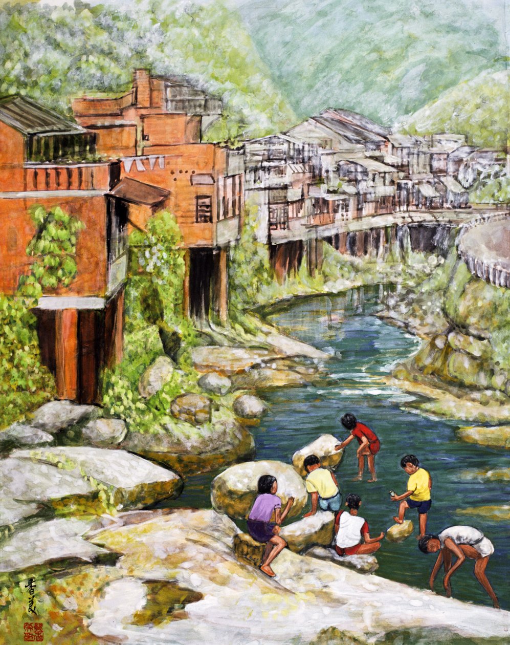 Nehir kıyısındaki köy, 1992 (ipek üzerine guaj) by Komi Chen