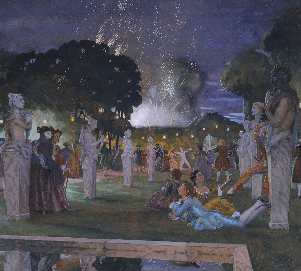 Venedik çevresindeki şenlikler, 1930 (turuncu dokuma kağıt üzerine gövde rengi) by Konstantin Andreevic Somov