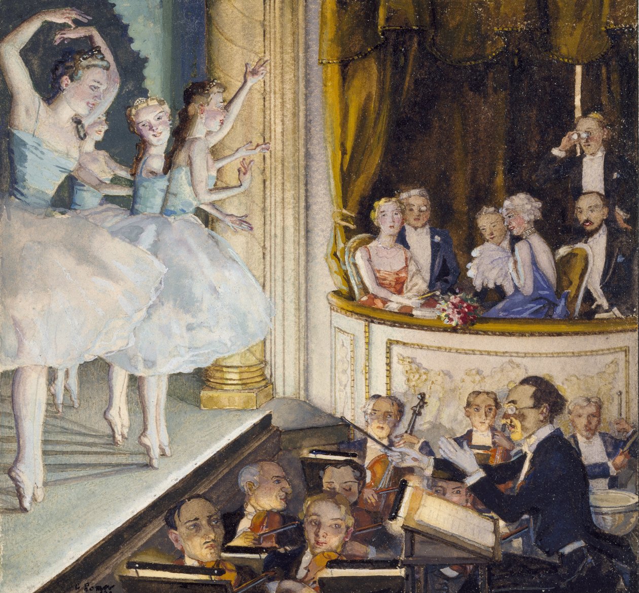 Rus balesi, 1930 (kremalı kağıt üzerinde siyah mürekkeple çizilmiş bir çerçeve içinde gövde rengi) by Konstantin Andreevic Somov