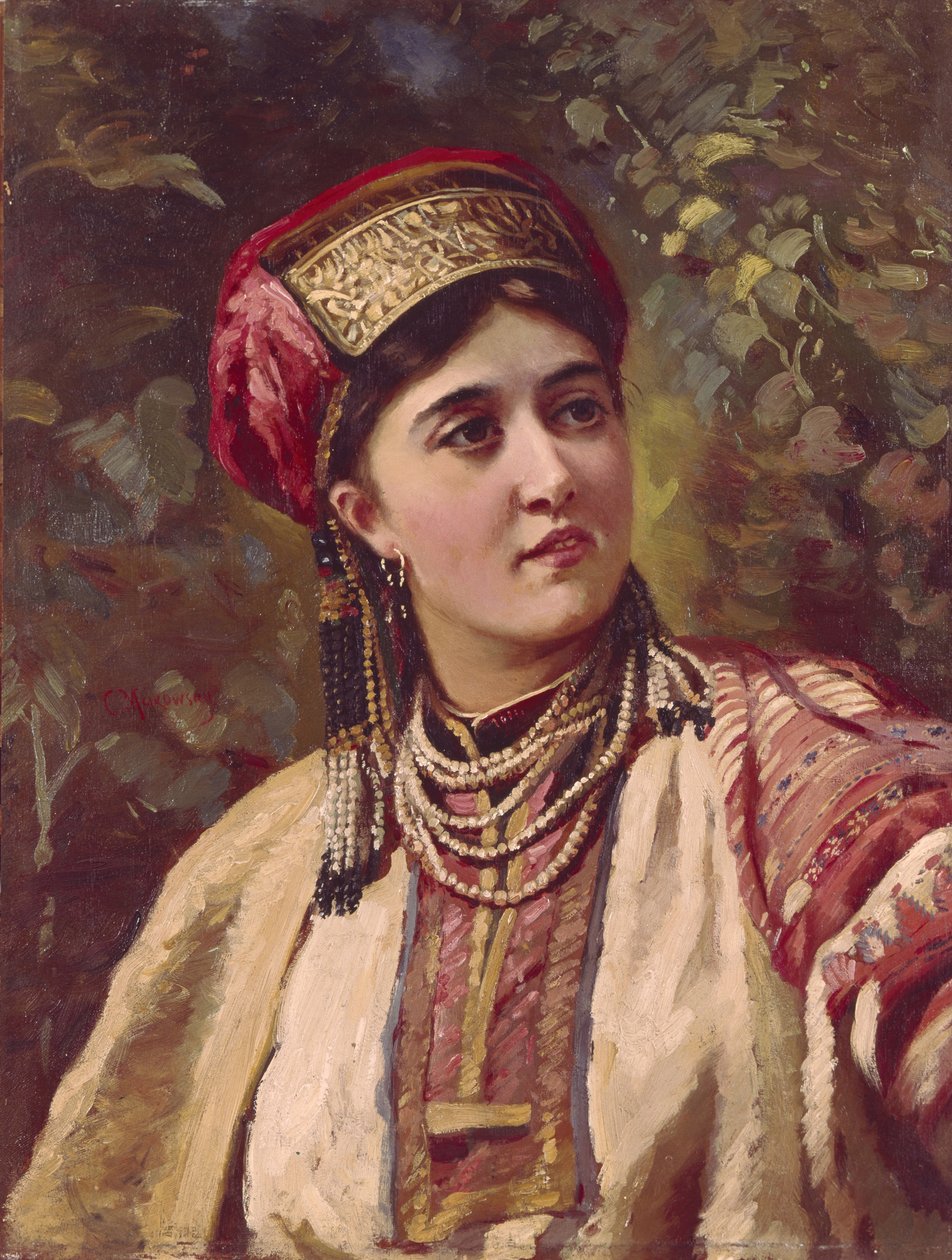 geleneksel elbiseli kız by Konstantin Egorovich Makovsky