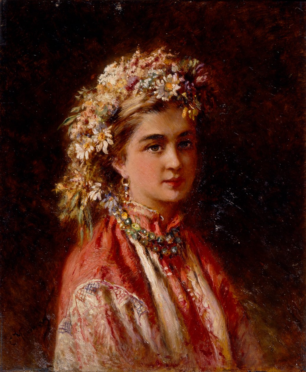 Çiçek çelenk ile genç kız by Konstantin Egorovich Makovsky