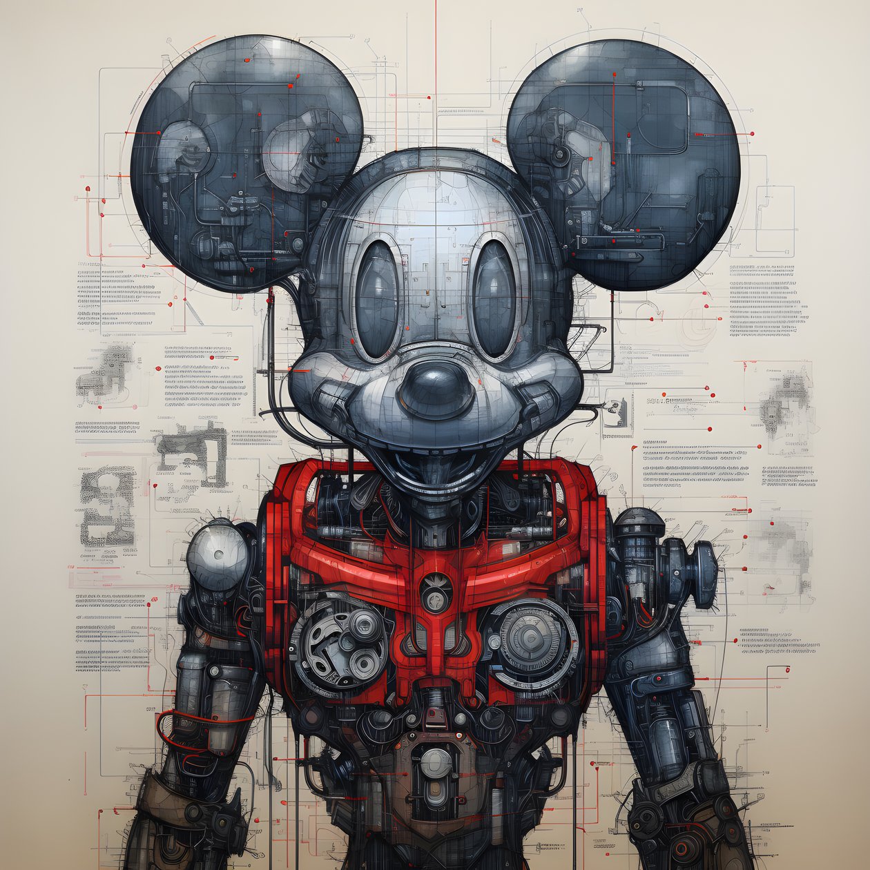 Cyberpunk Mickey Mouse 1#39;in teknik çizimleri by Kurt Heppke