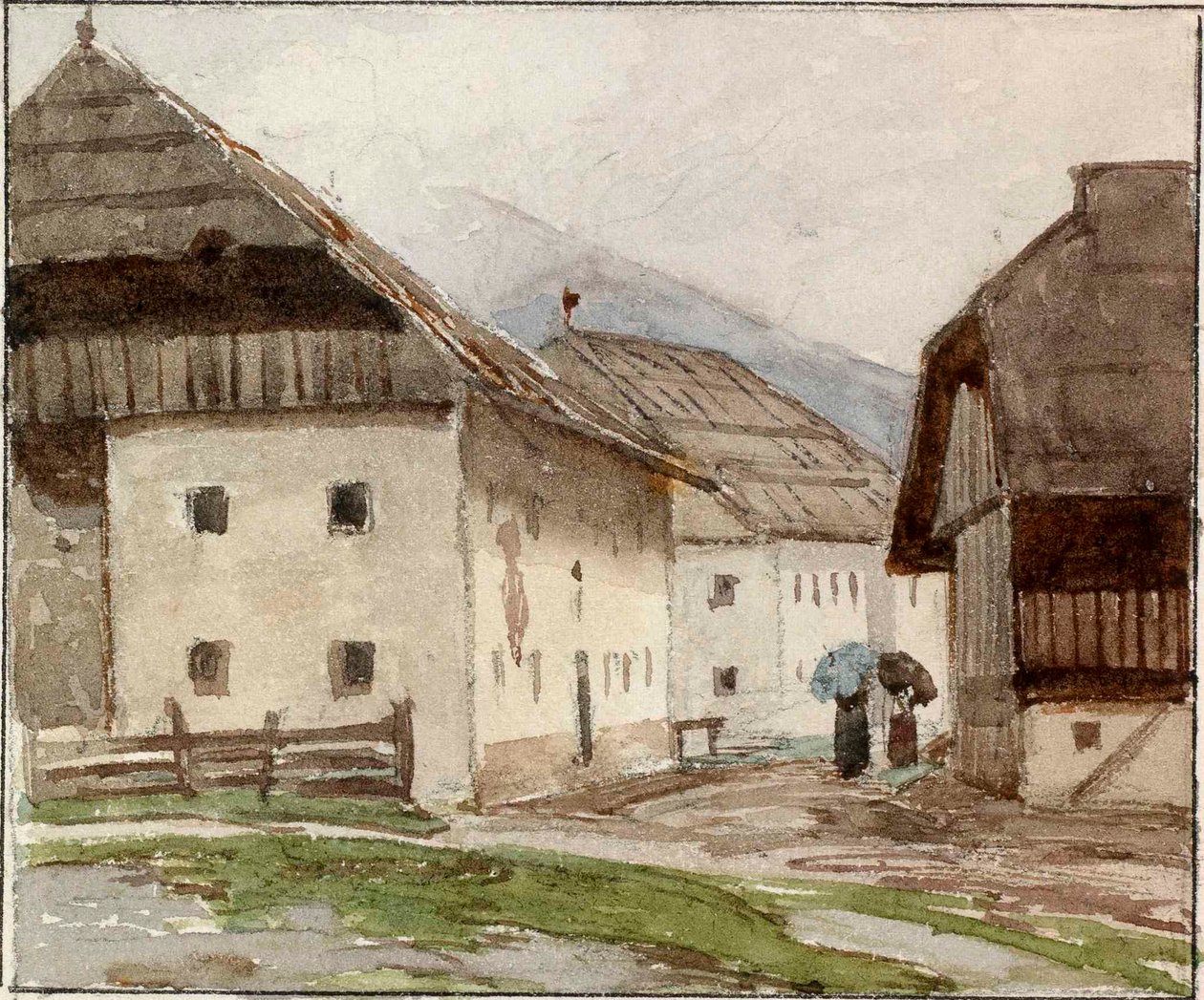 Kadın ve şemsiye ile köy motifi by Ladislav Benesch