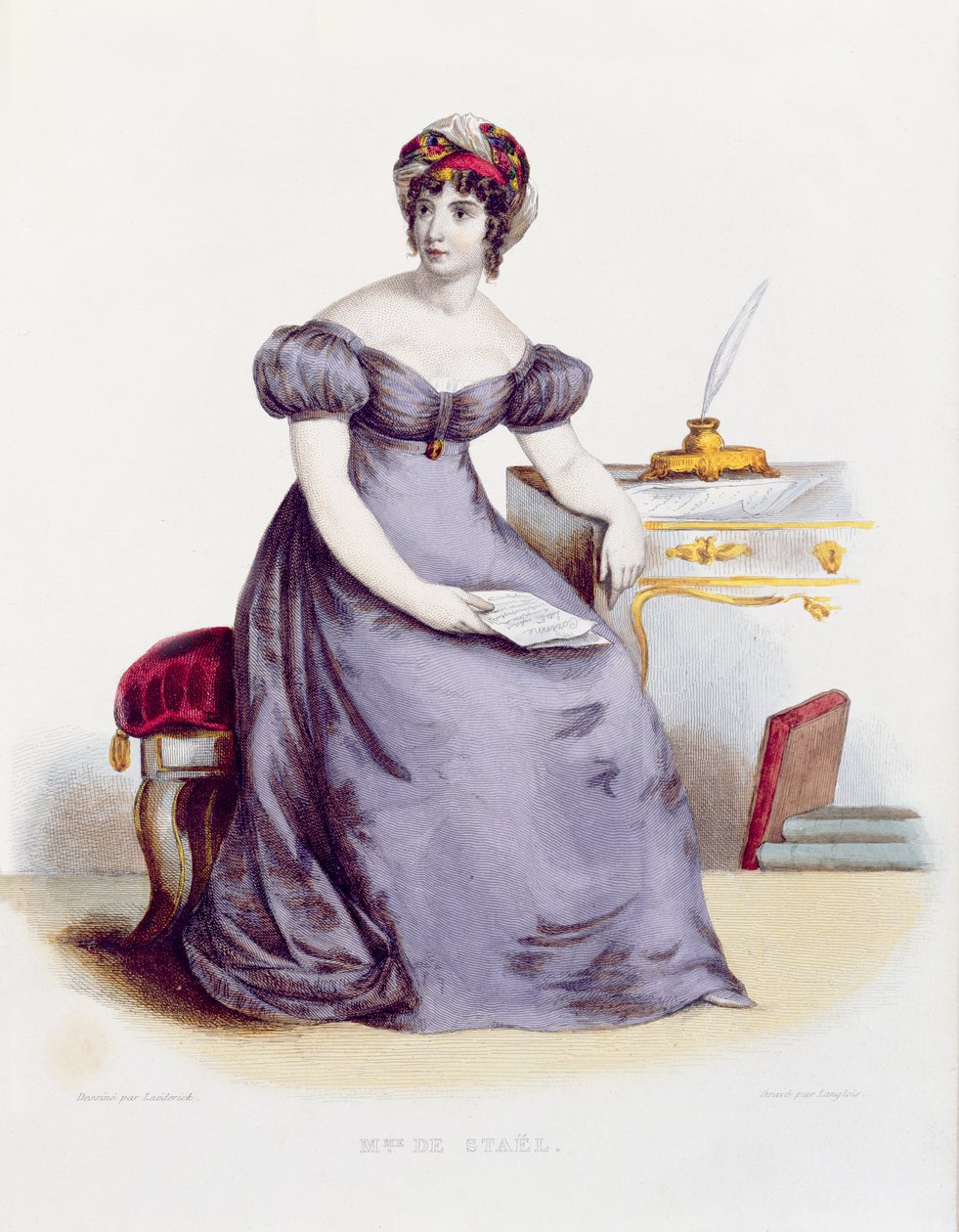 Mme de Stael, c.1840 (renkli gravür) by Laederick