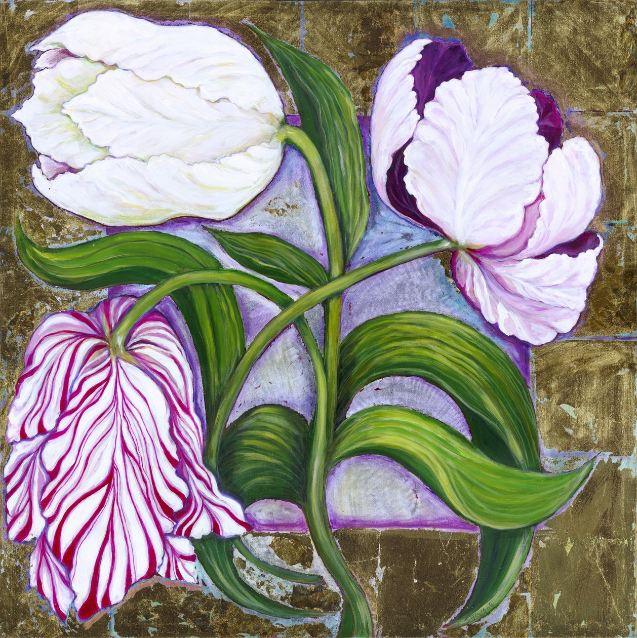Laleler, 2004 (tuval üzerine akrilik ve metal yaprak) by Laila Shawa