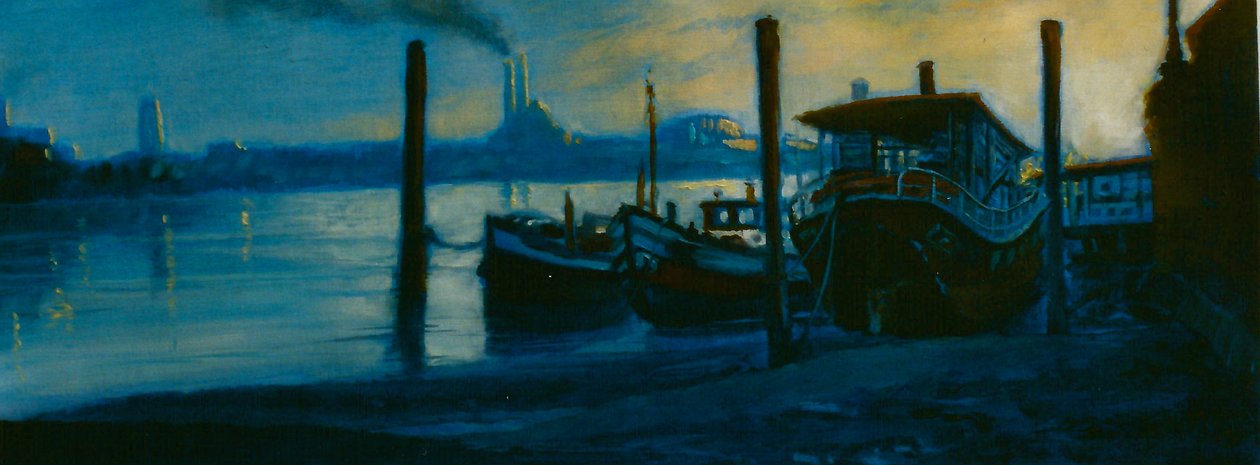 Chelsea Dusk 2002 (kağıt üzerinde yağlı boya)Thames yüzen evleri by Lee Campbell
