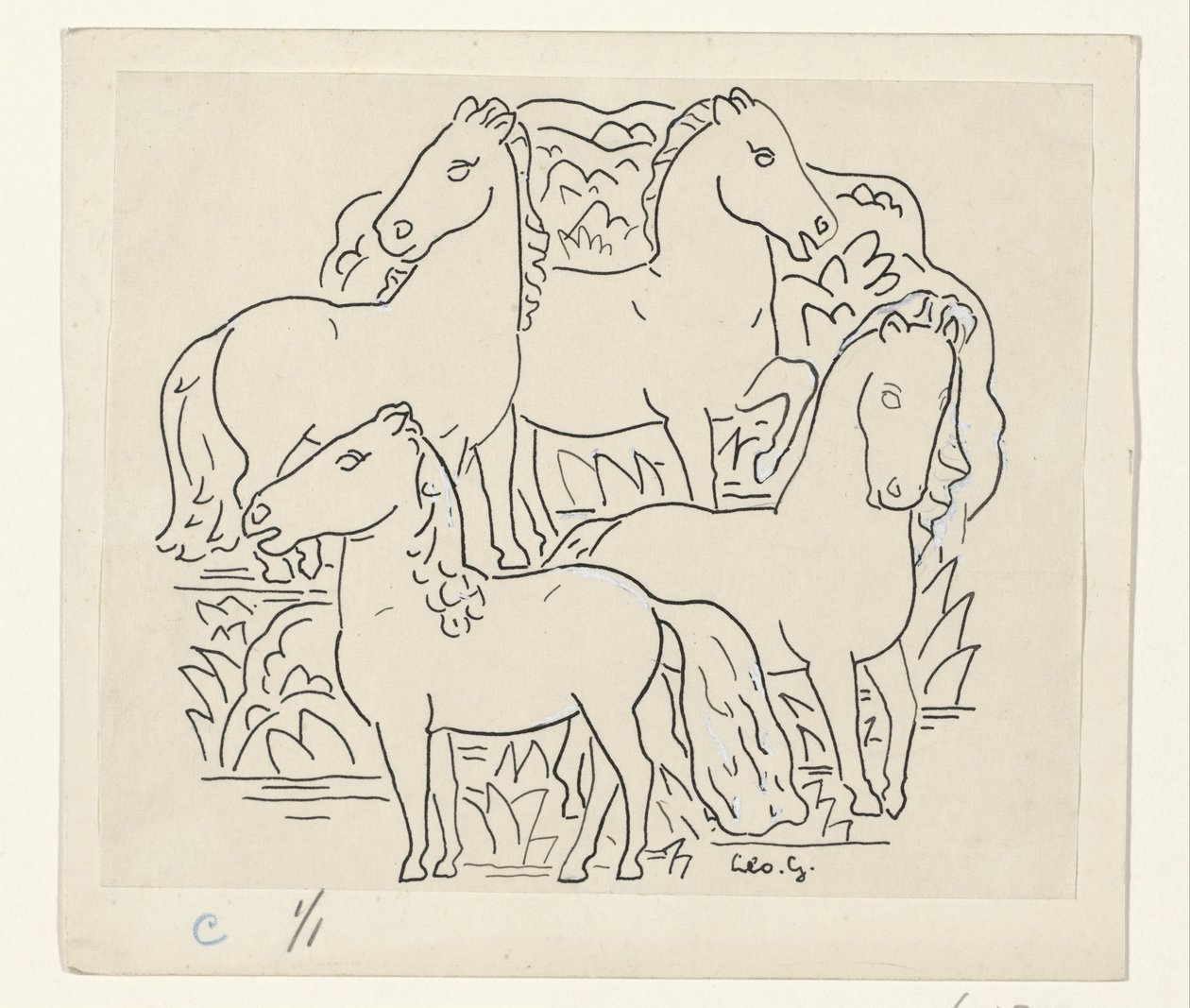dört at by Leo Gestel (signed by artist)