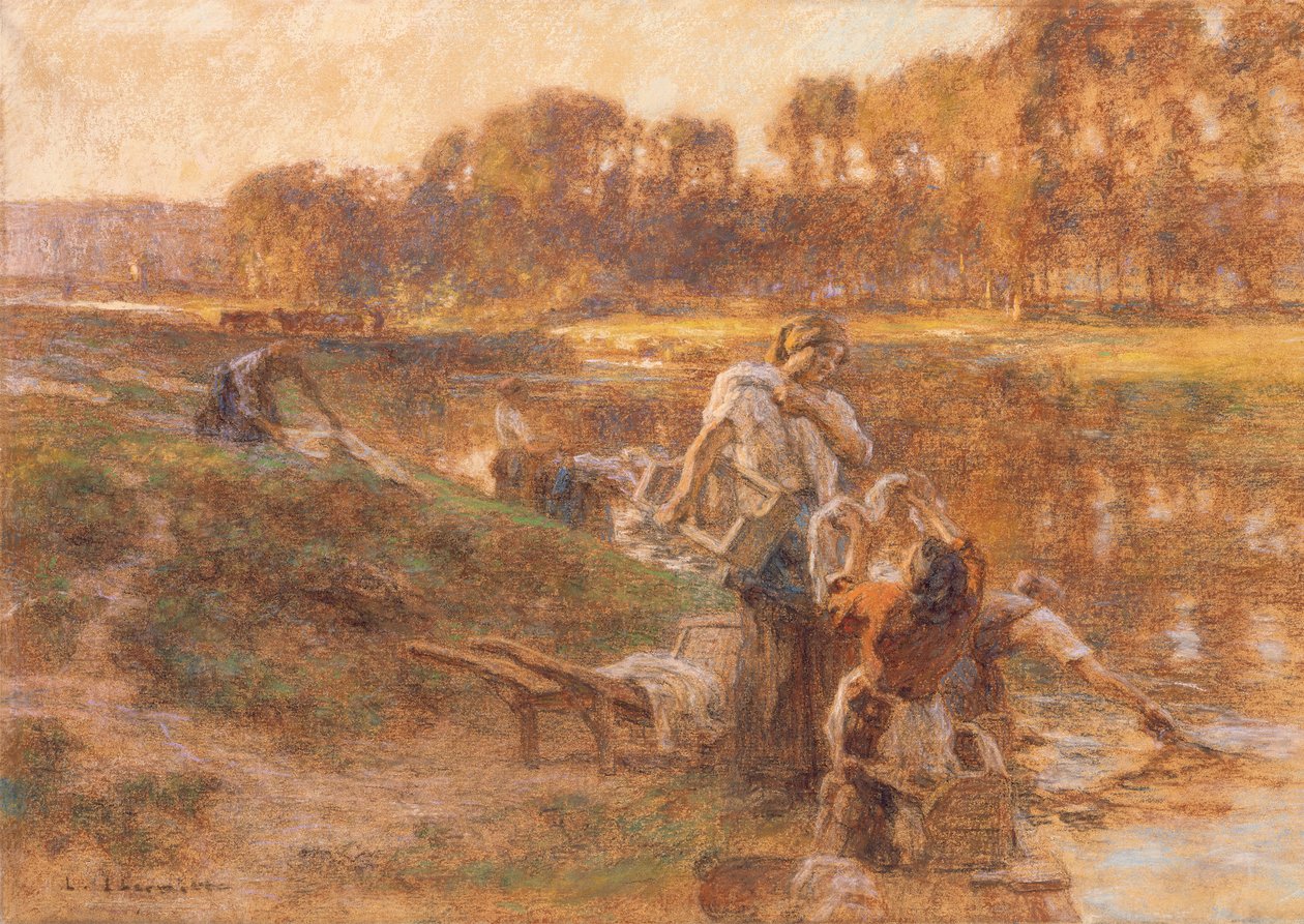 Güneşli nehir manzarasında çamaşırcı kadınlar by Leon Augustin Lhermitte