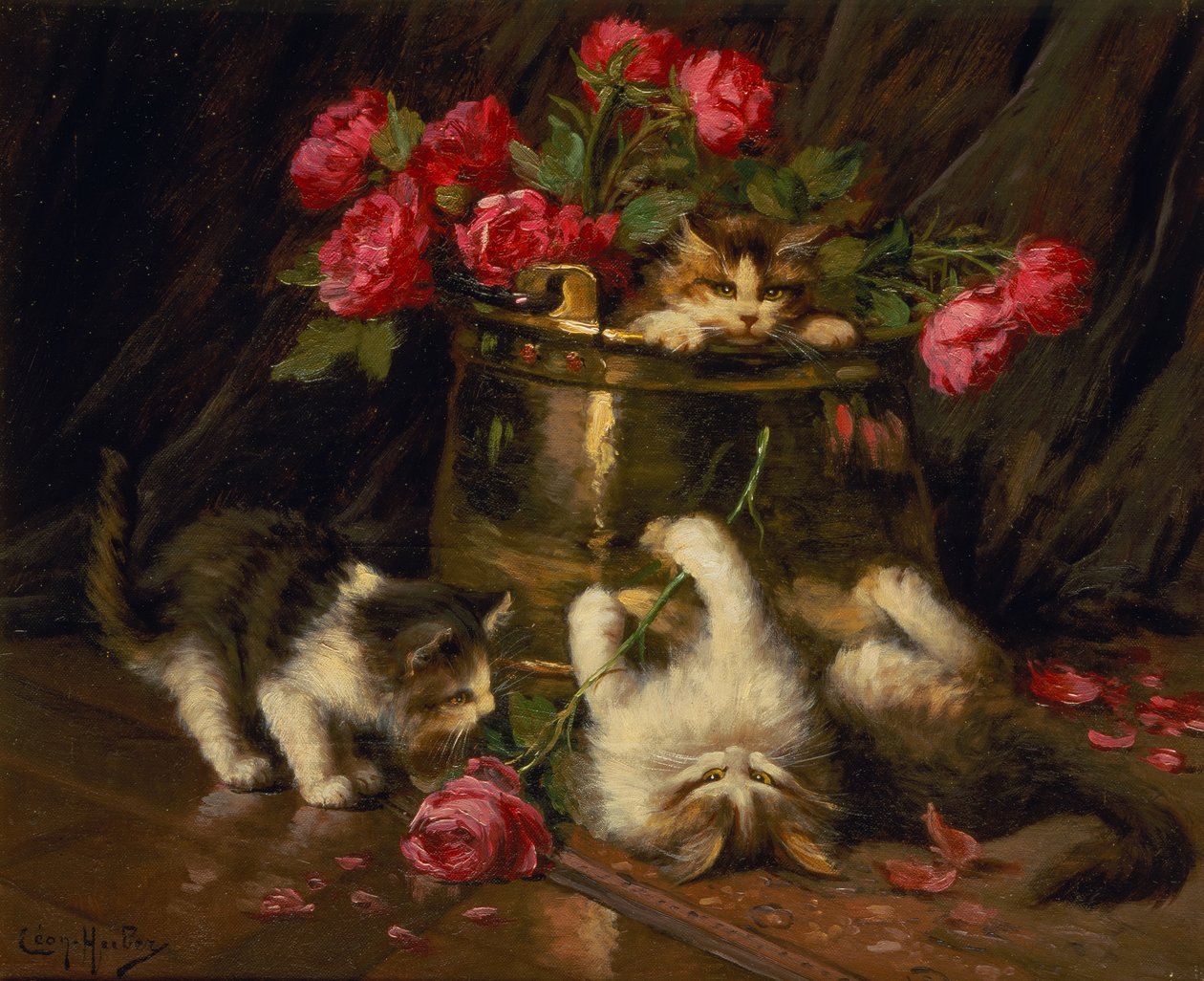 Oynak Yavru Kediler (tuval üzerine yağlı boya) by Leon Charles Huber
