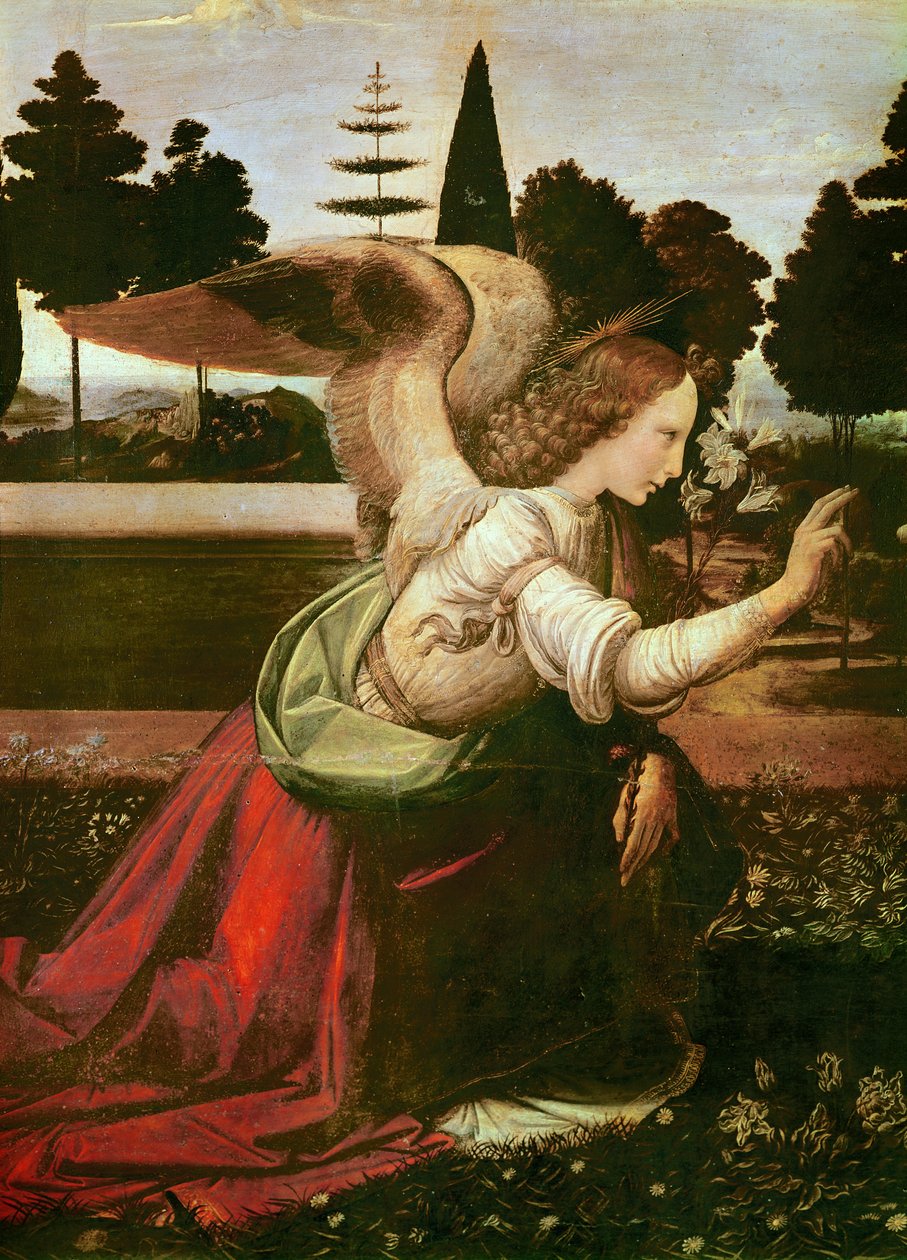 Meleğin Müjde detayı, c.1472-75 ahşap üzerine yağlı boya by Leonardo da Vinci