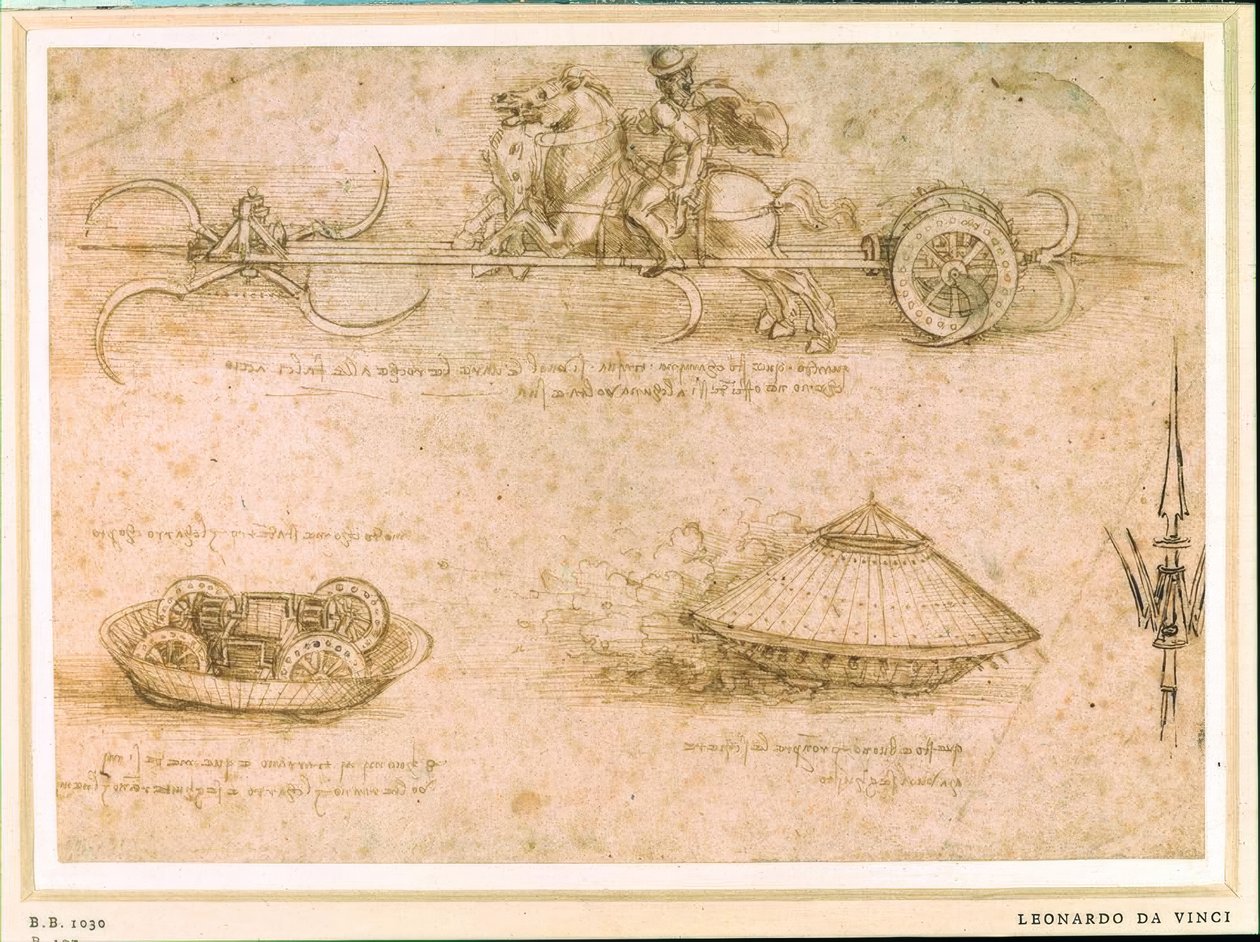 Orak araba ve zırhlı araba by Leonardo da Vinci