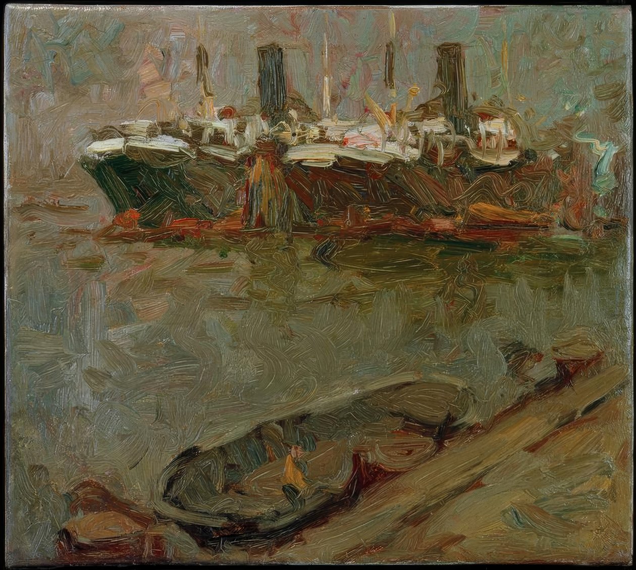 İskelede Schute, arka planda iki yolcu vapuru by Leonhard Sandrock