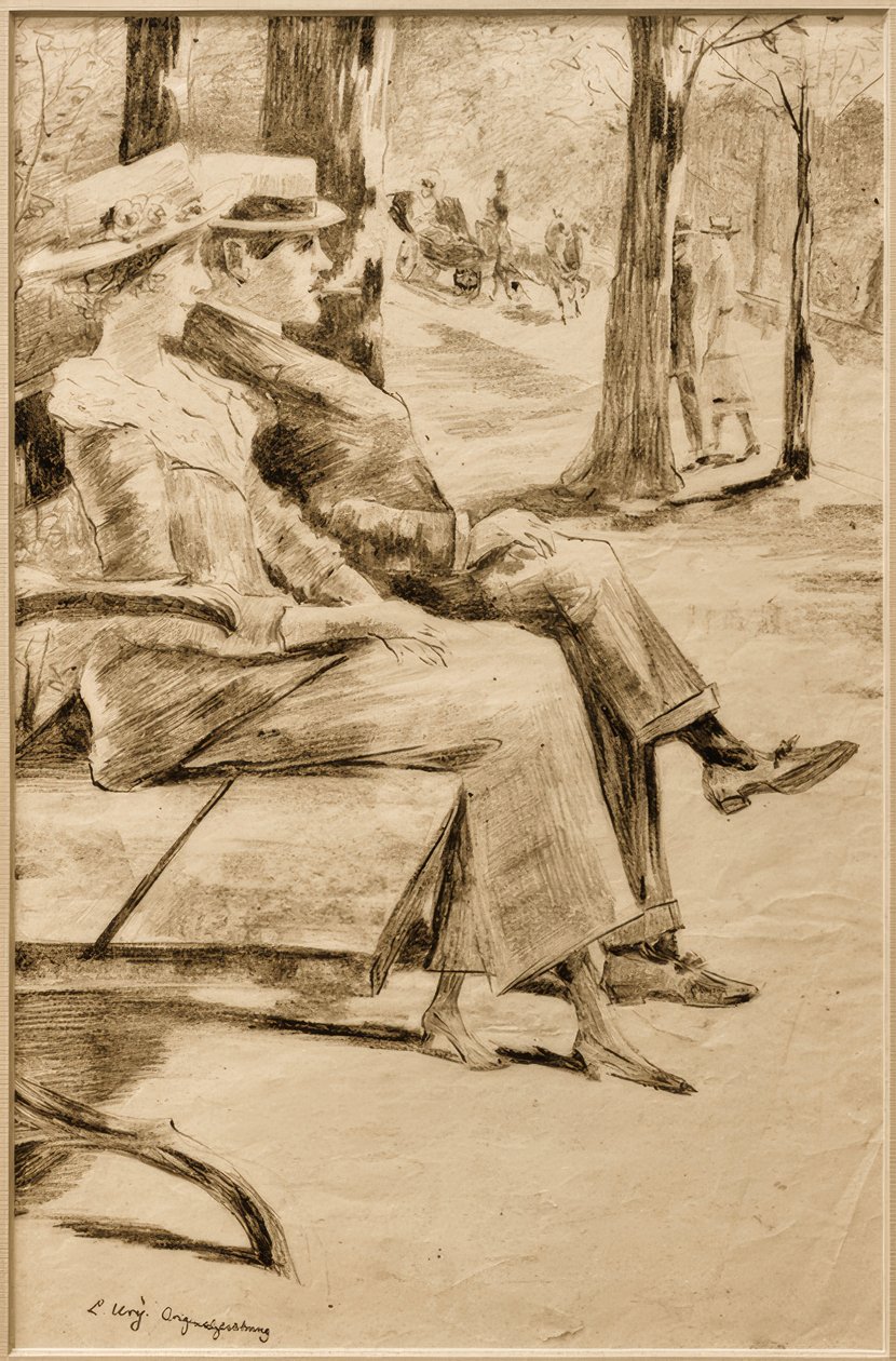 Bayan ve sigara içen bey hayvanat bahçesindeki bir bankta by Lesser Ury