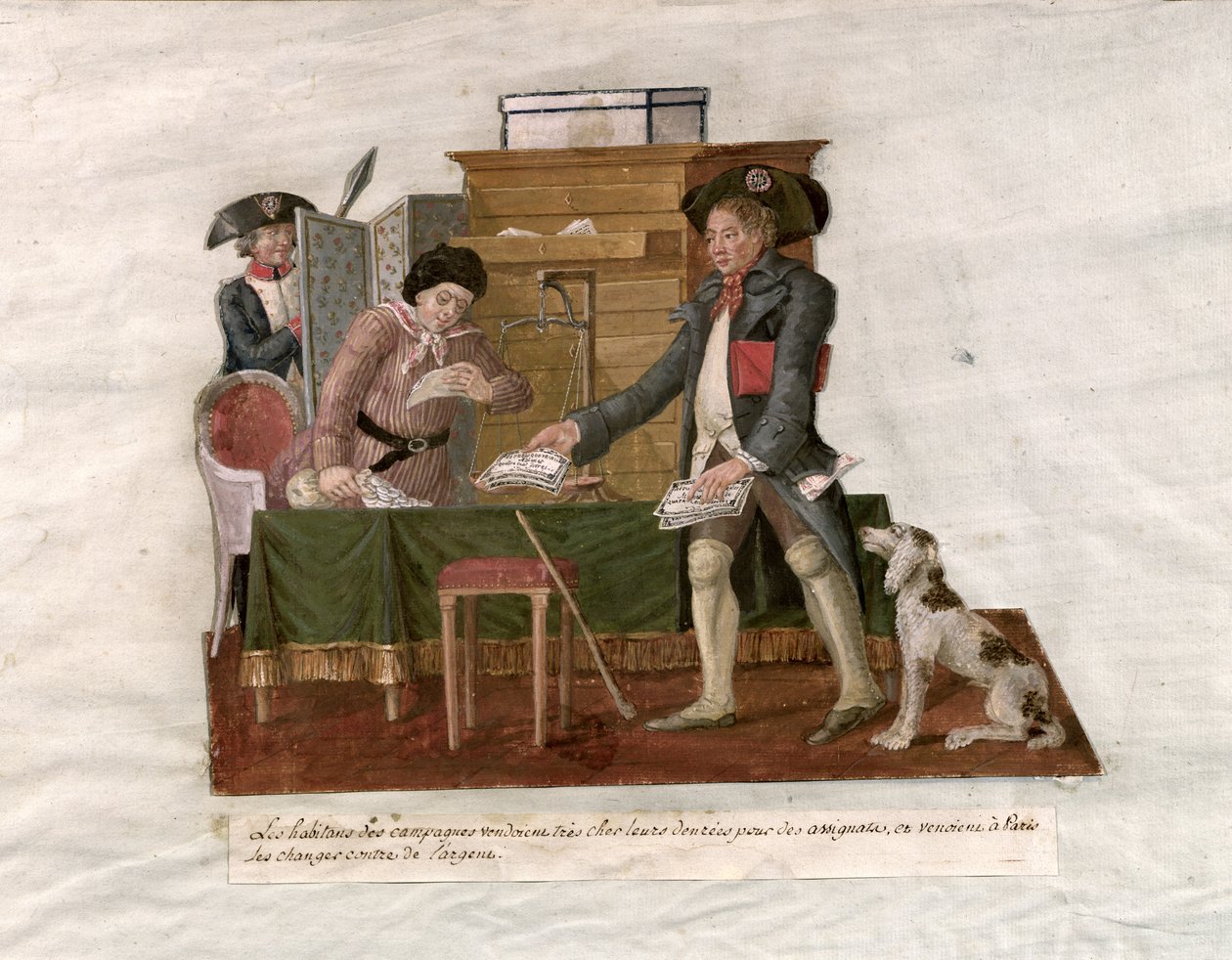 Fol.55 Country Folk and the Money Changer (gouache on card) by Lesueur Brothers