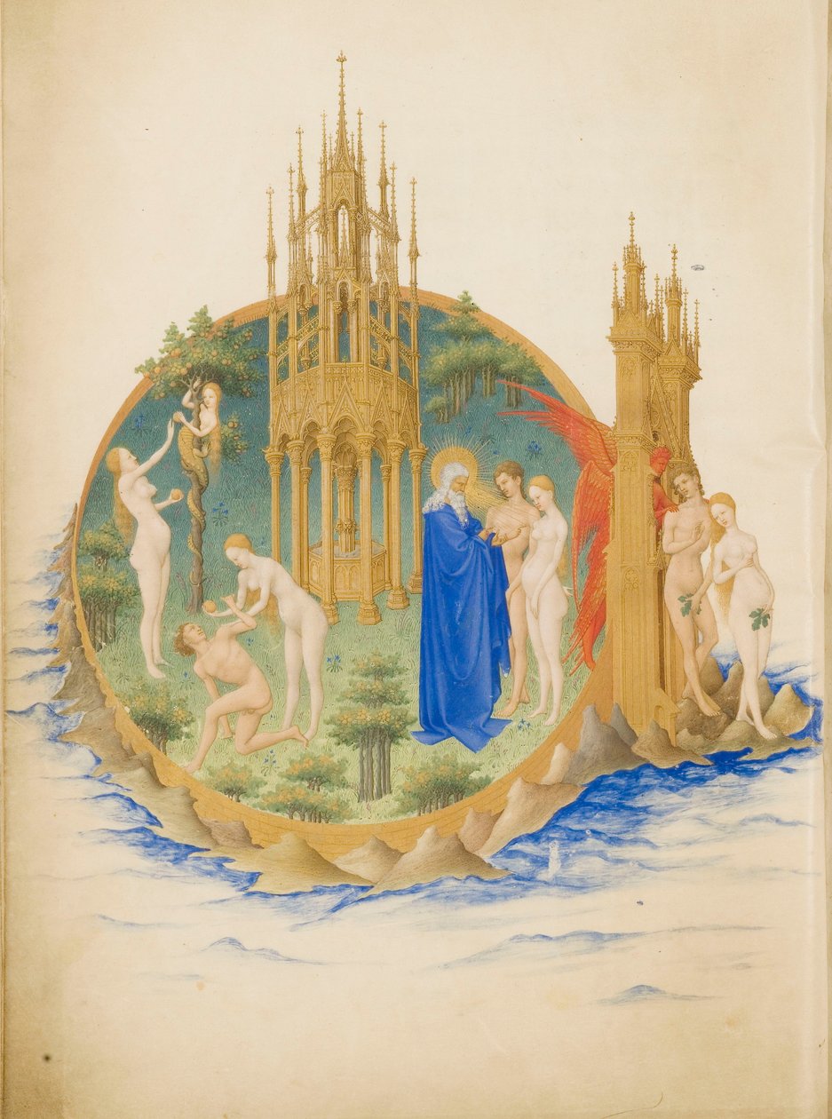 Très Riches Heures du Duc de Berry Folio 25, arka: The Garden of Eden by Limbourg Brothers