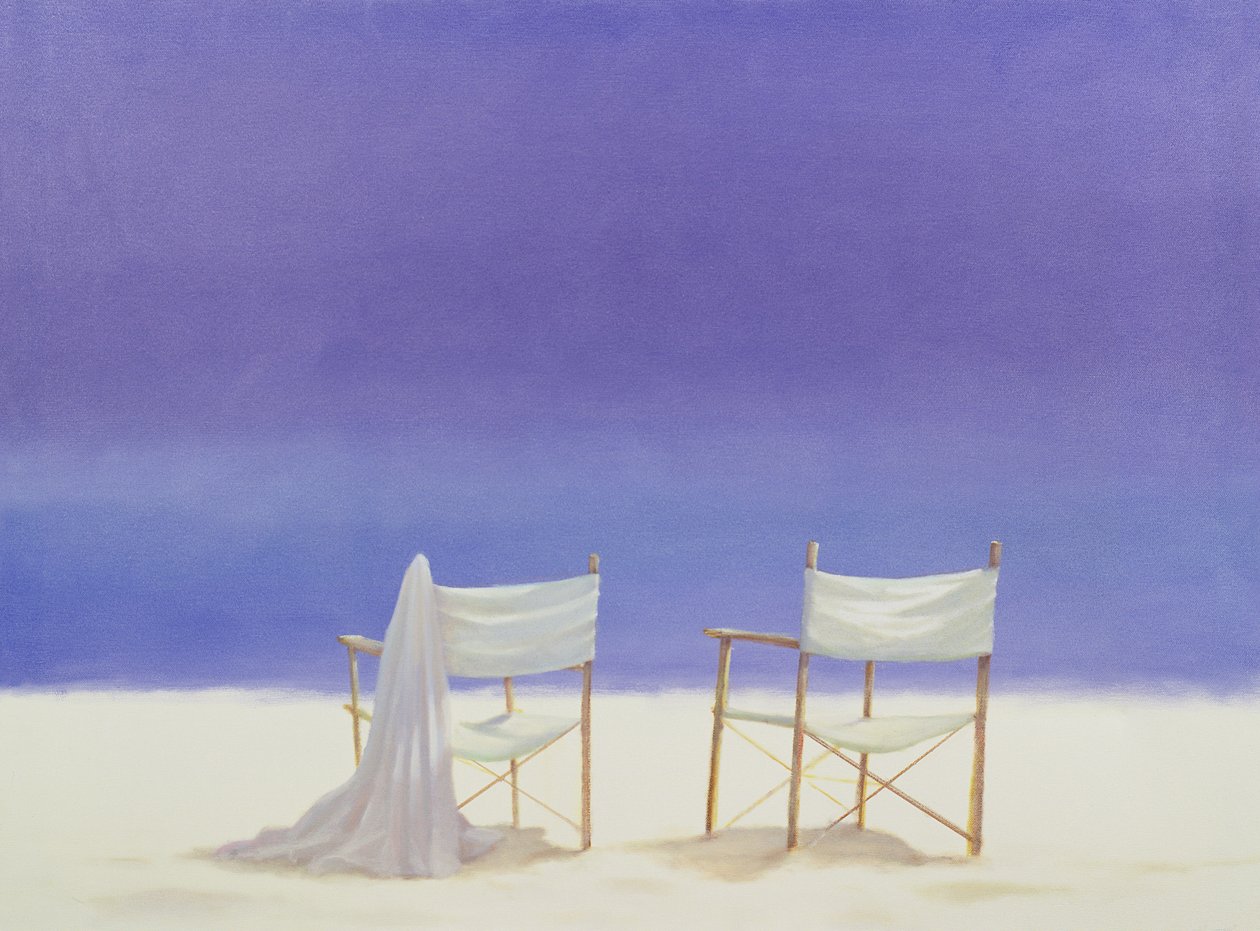 Sahilde Sandalyeler, 1995 (tuval üzerine akrilik) by Lincoln Seligman