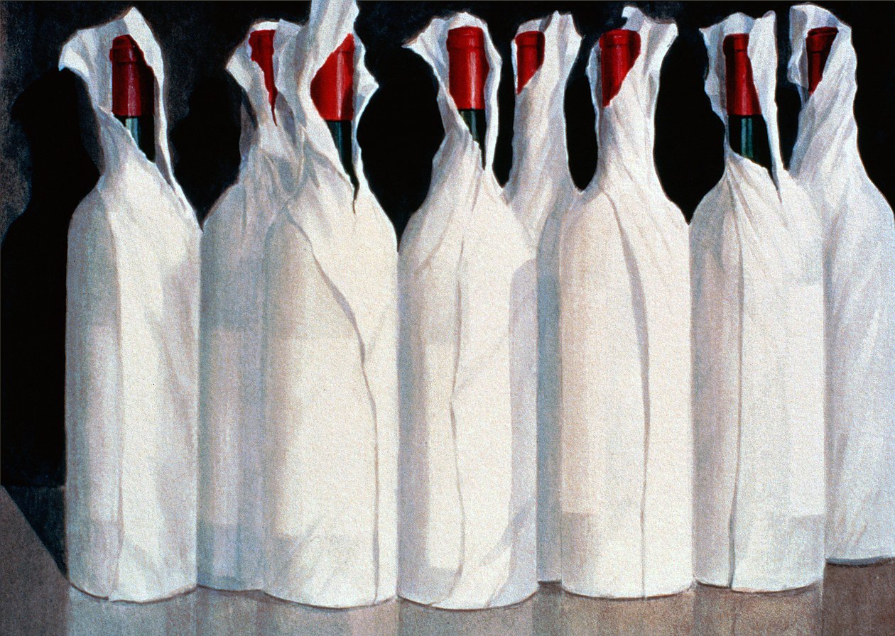 Sarılmış Şarap Şişeleri, 1 Numara, 1995 (kağıt üzerine akrilik) by Lincoln Seligman
